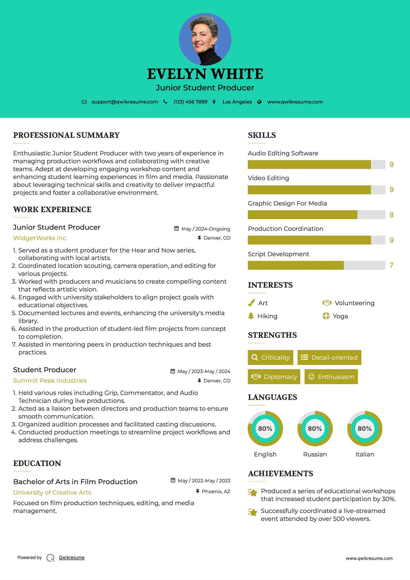 Junior Student Producer Resume Model