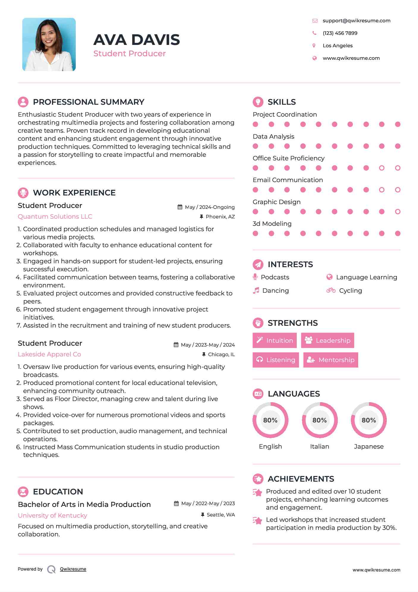 Student Producer Resume Example