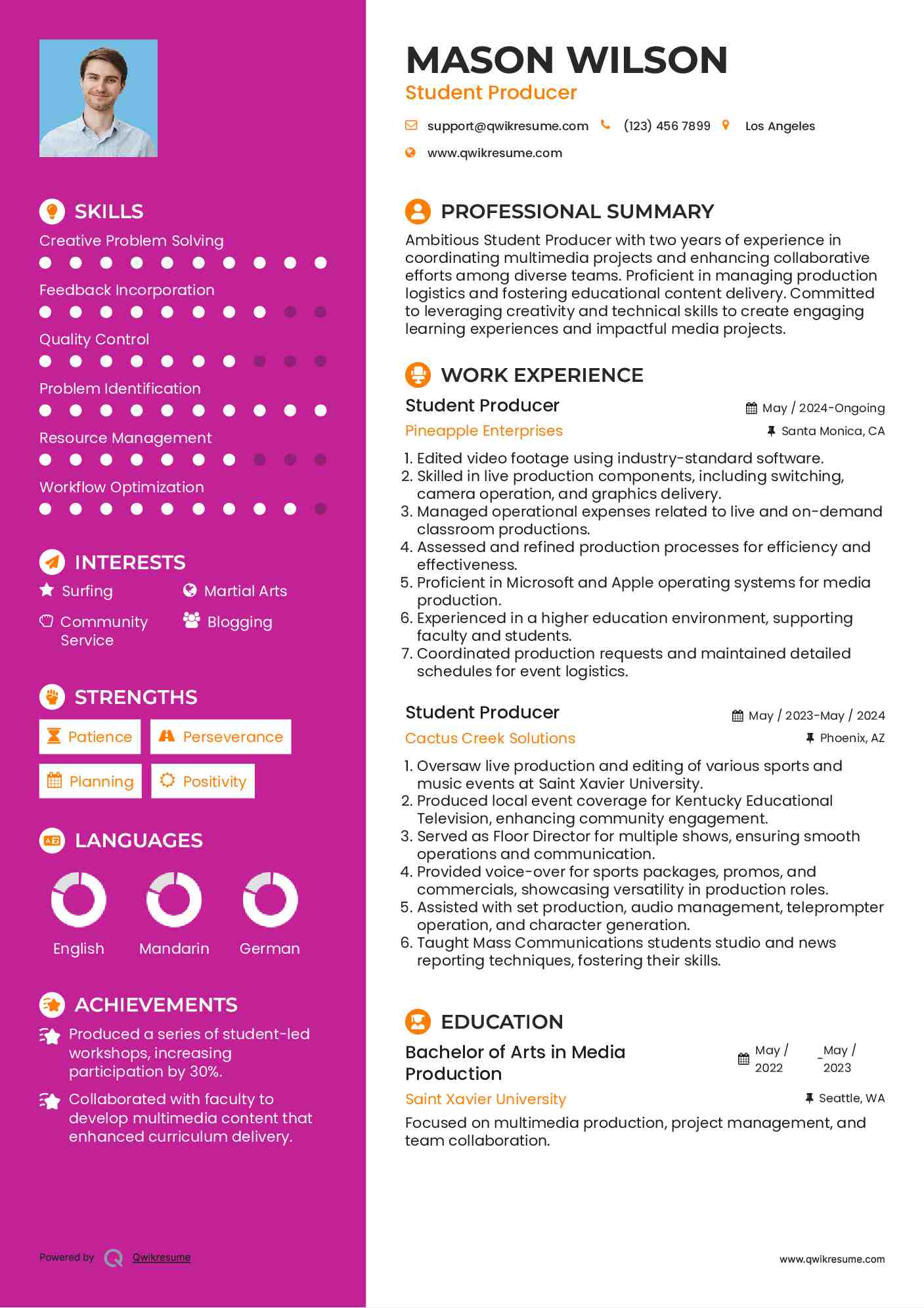 Student Producer Resume Example