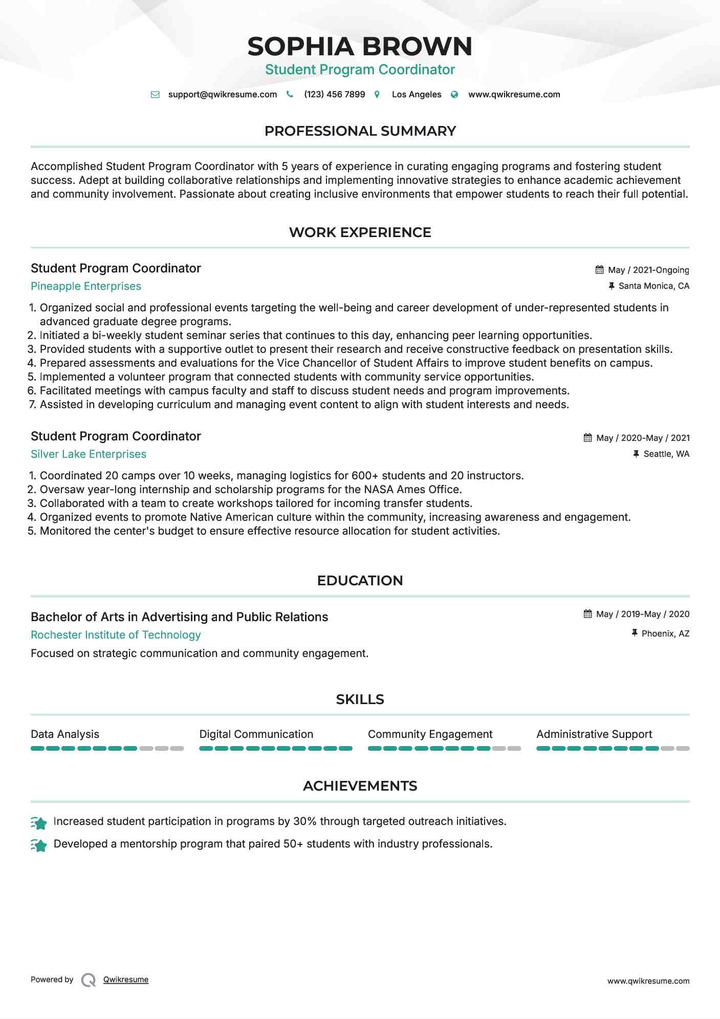 Student Program Coordinator Resume Template