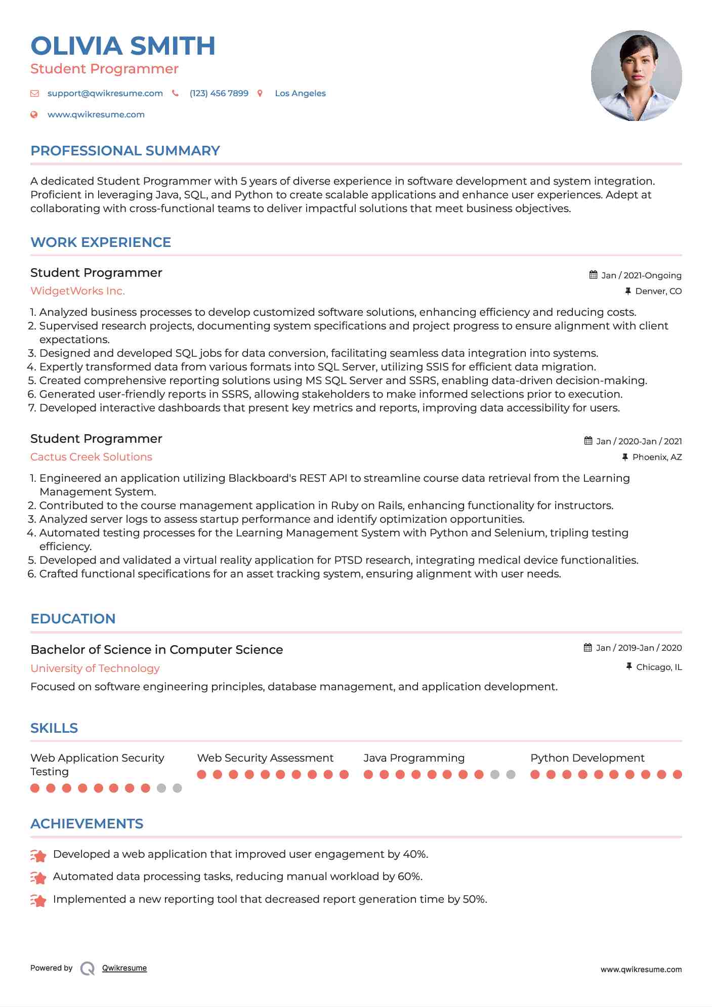 Student Programmer Resume Sample