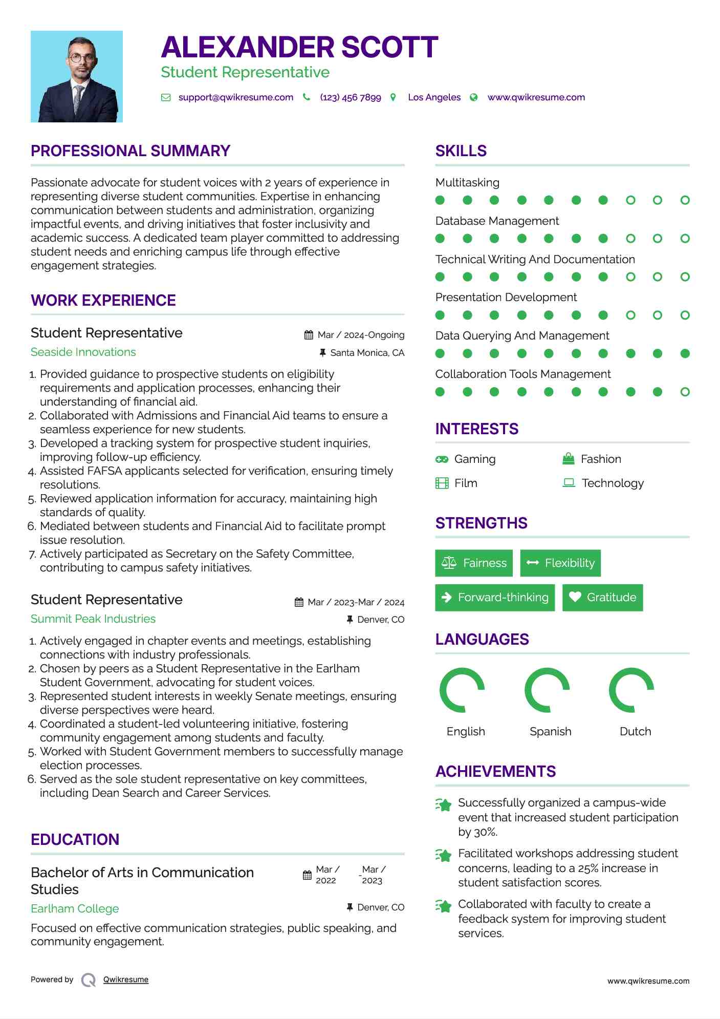 Student Representative Resume Example