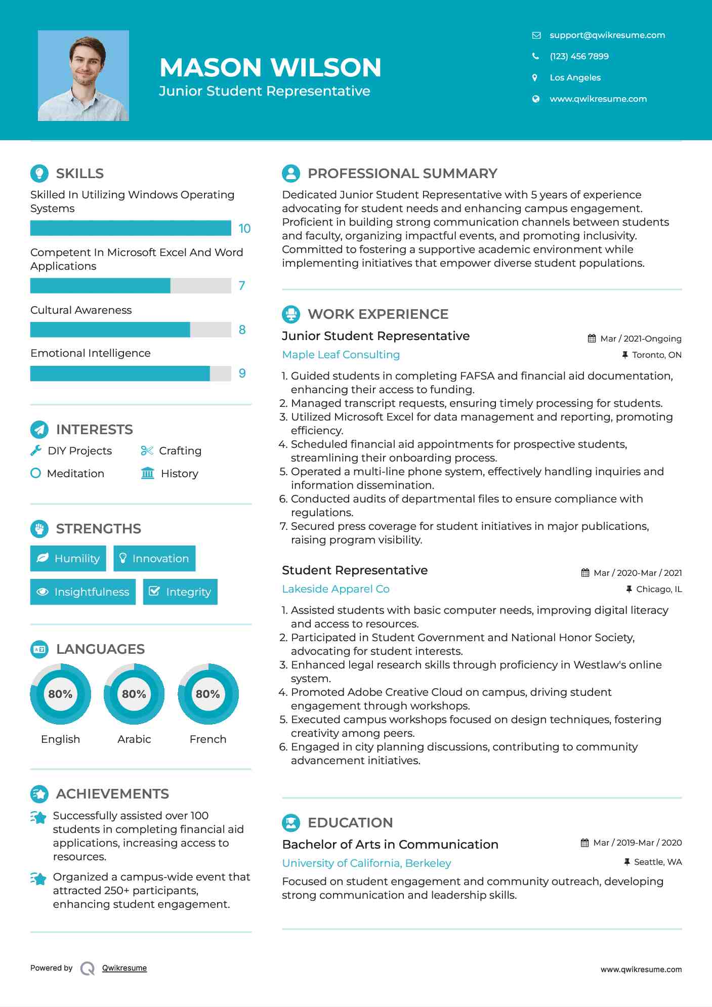 Junior Student Representative Resume Example