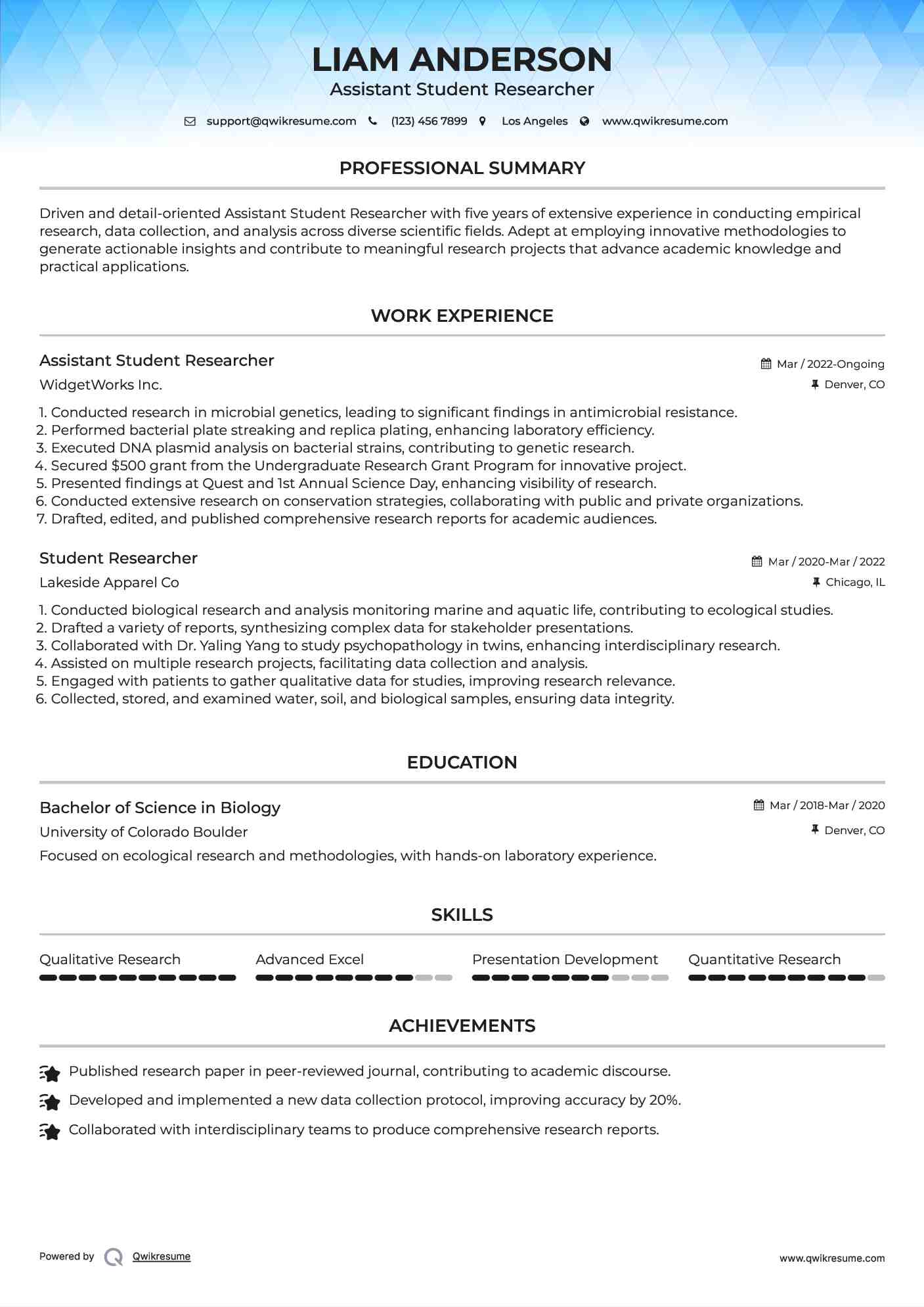 Assistant Student Researcher  Resume Template