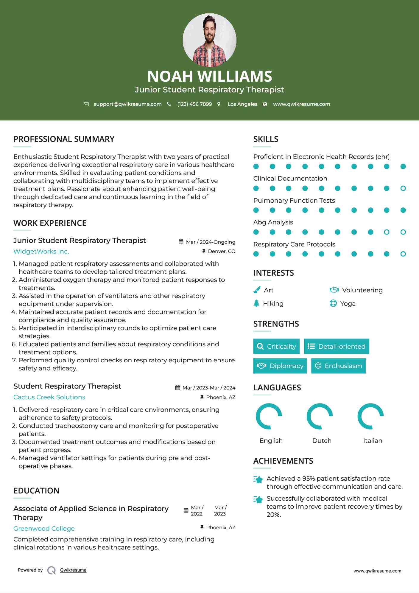 Junior Student Respiratory Therapist Resume Model