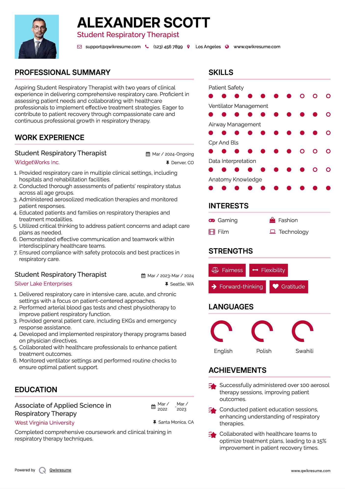 Student Respiratory Therapist Resume Example