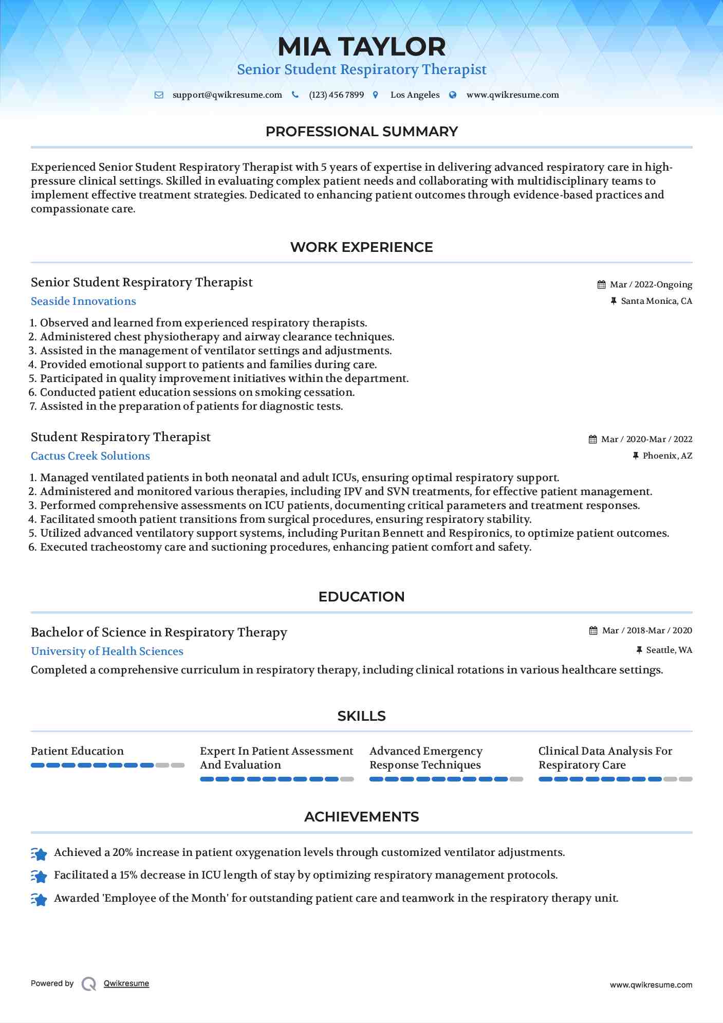 Senior Student Respiratory Therapist Resume Sample