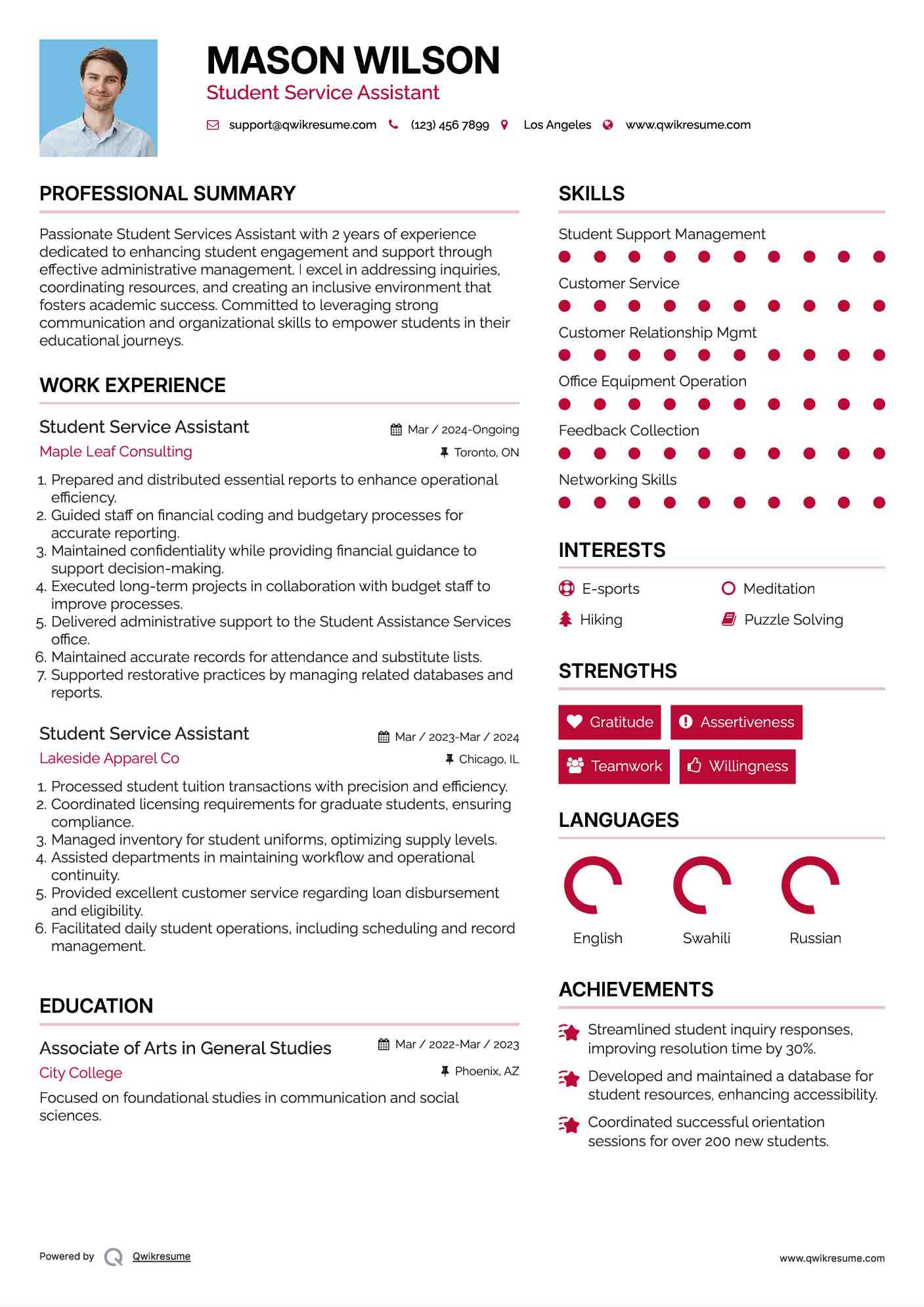 Student Service Assistant Resume Format