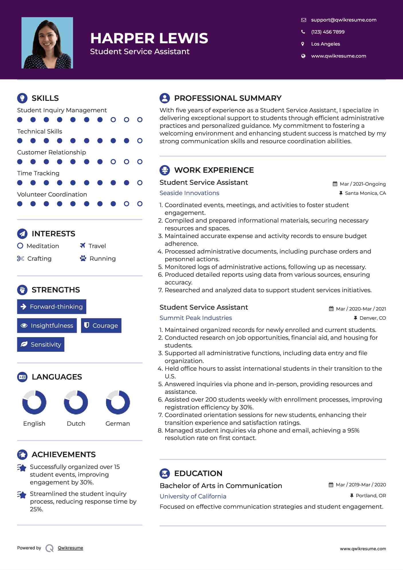 Student Service Assistant Resume Template
