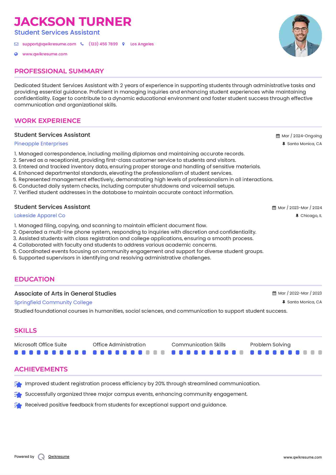 Student Services Assistant Resume Model