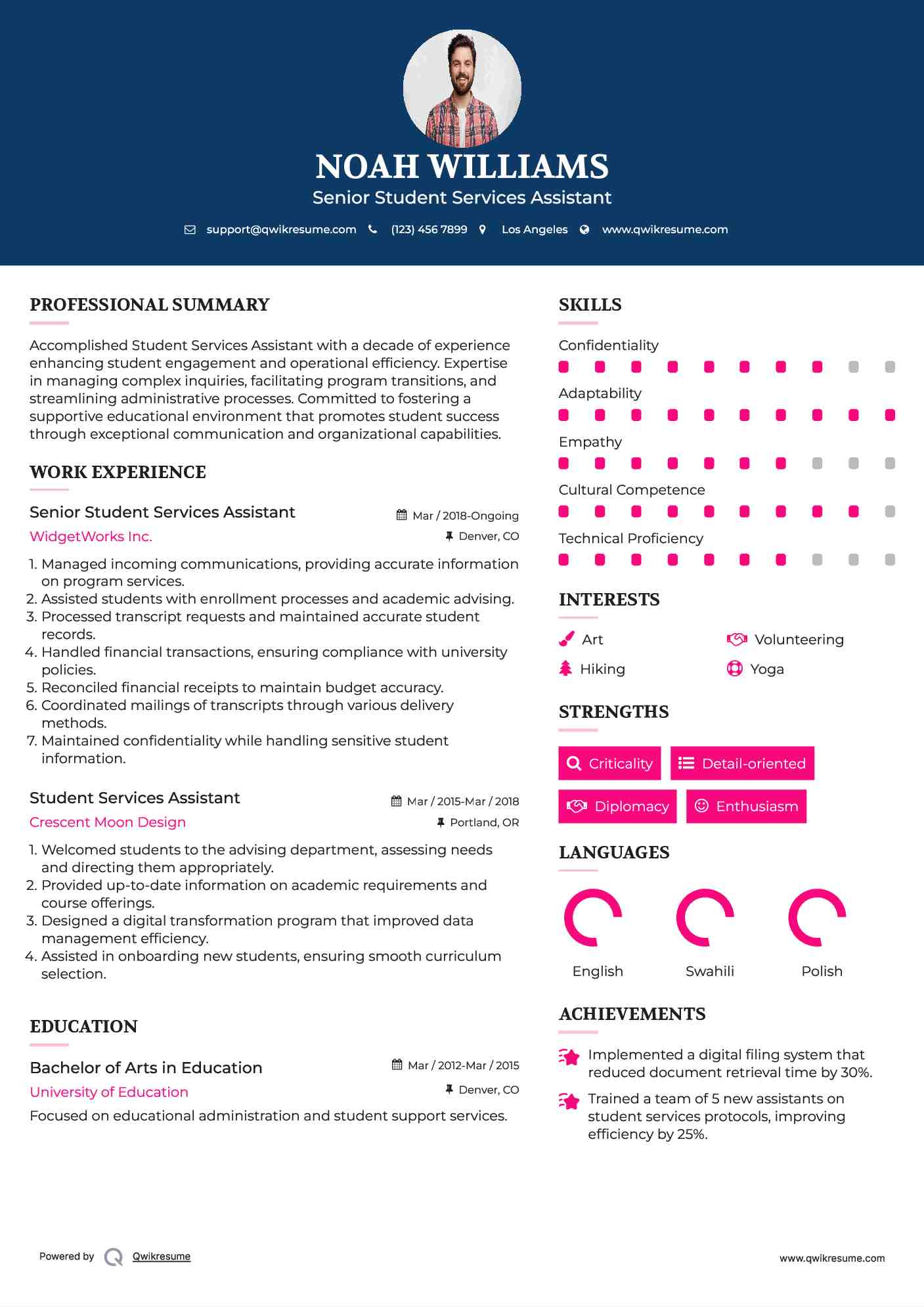 Senior Student Services Assistant Resume Sample