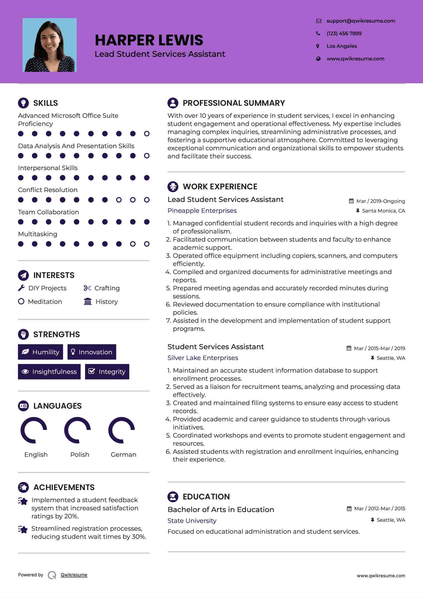 Lead Student Services Assistant Resume Template