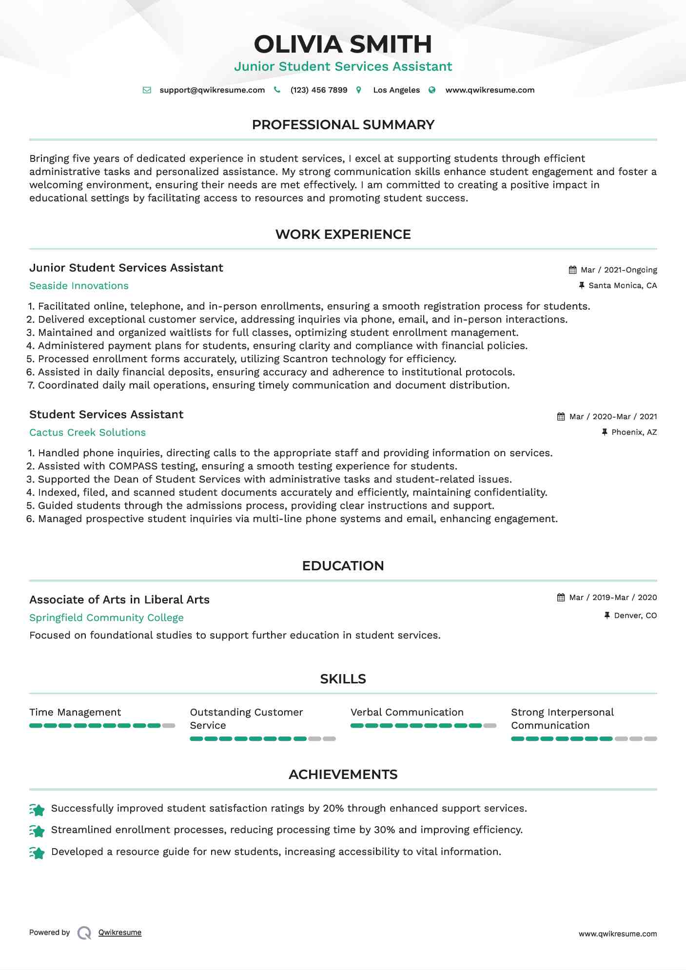 Junior Student Services Assistant Resume Format
