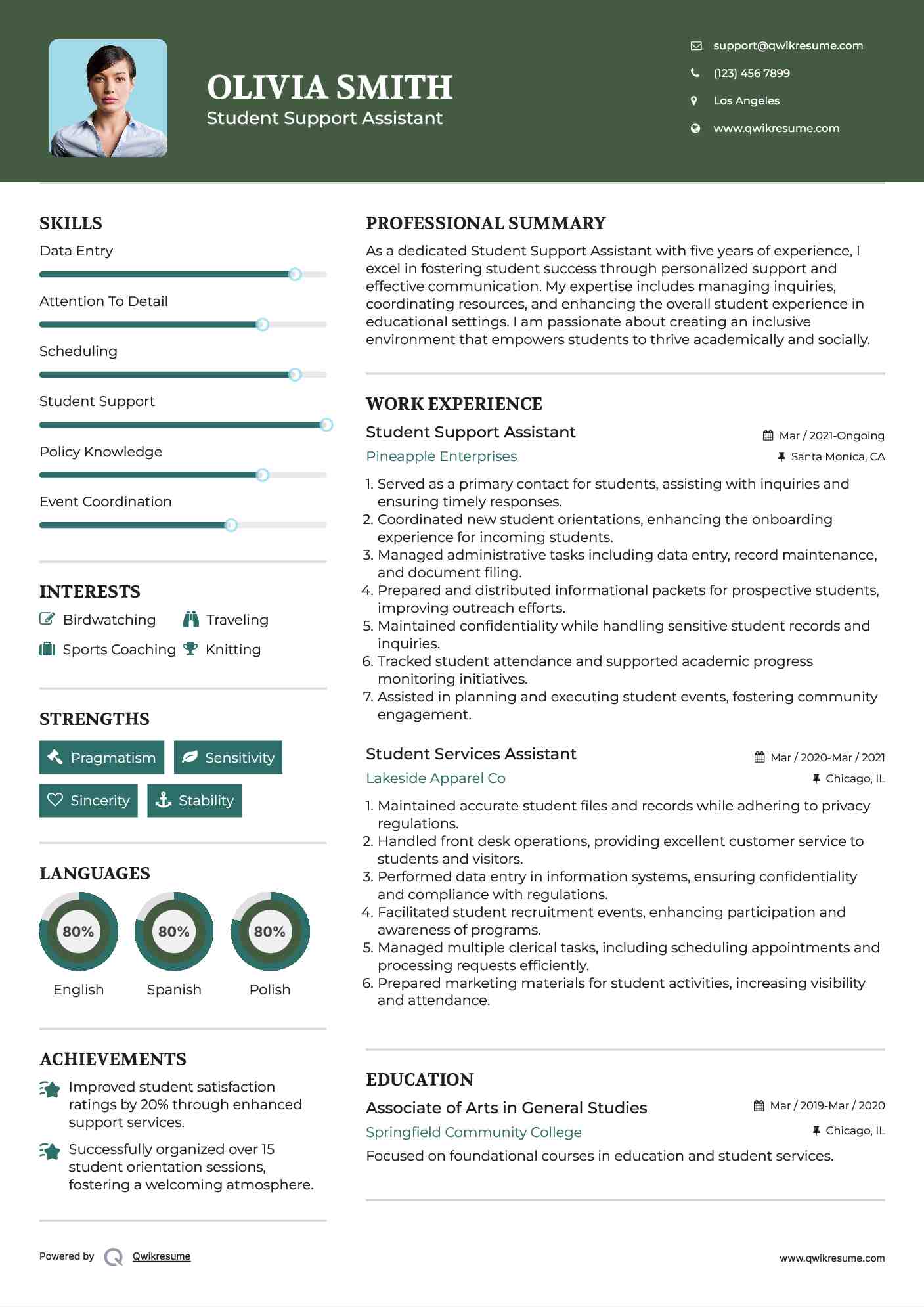 Student Support Assistant Resume Model