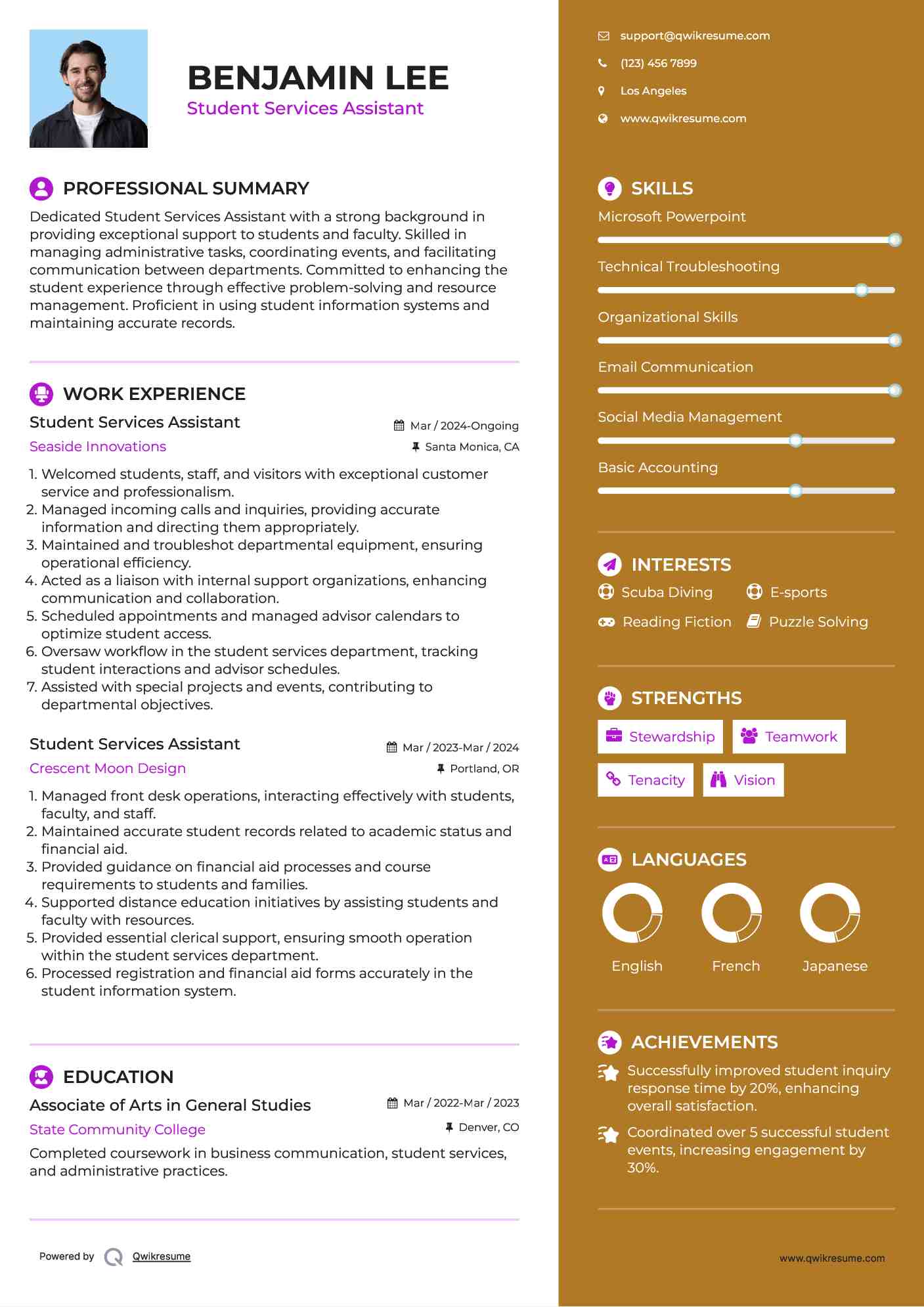 Student Services Assistant Resume Format