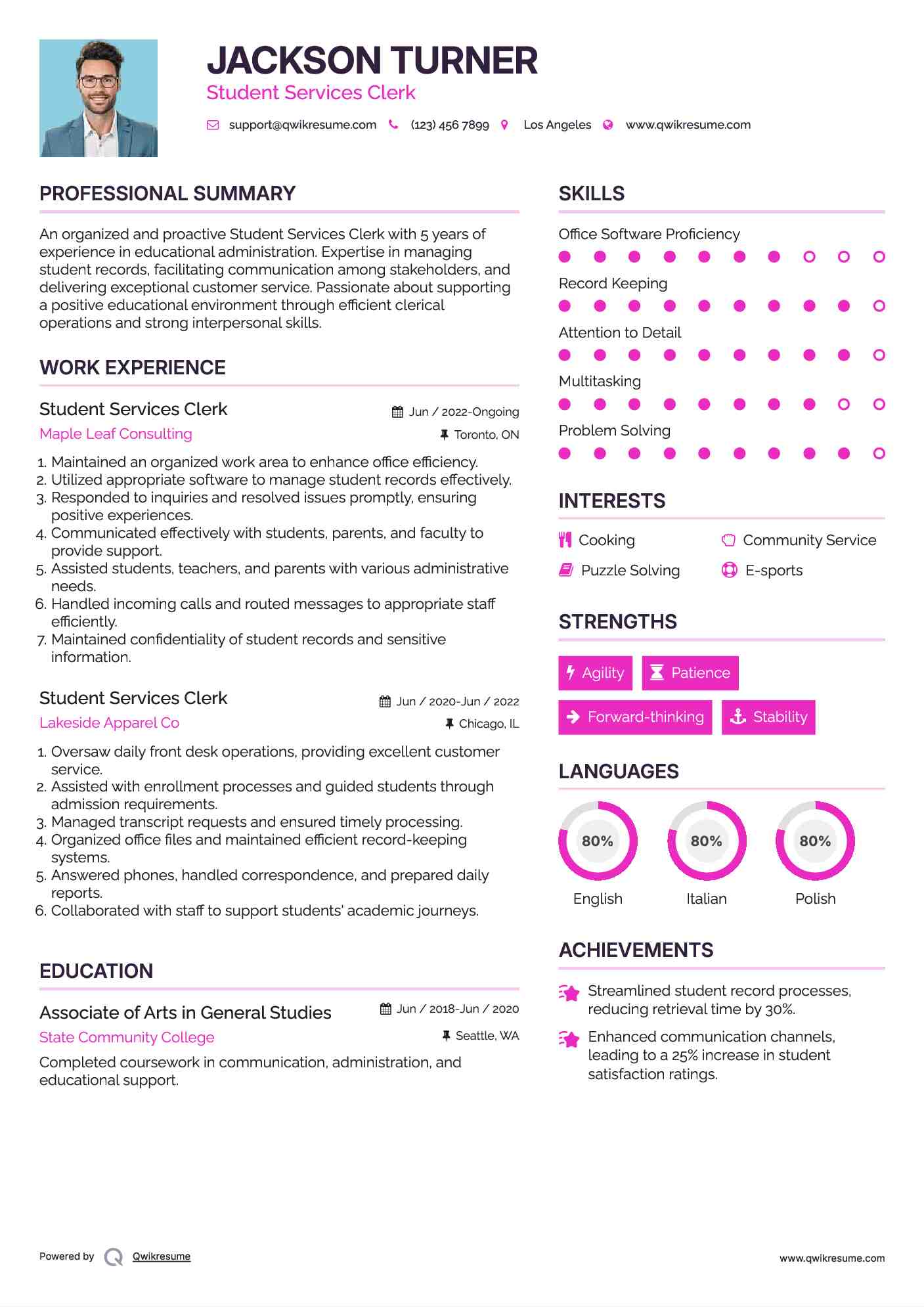 Student Services Clerk Resume Template