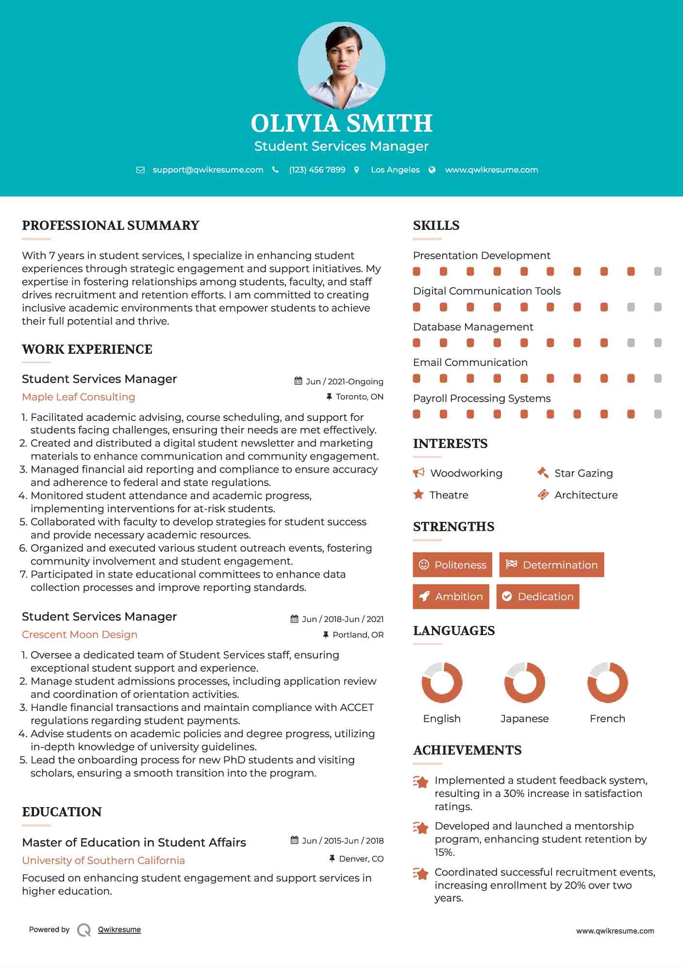 Student Services Manager Resume Template