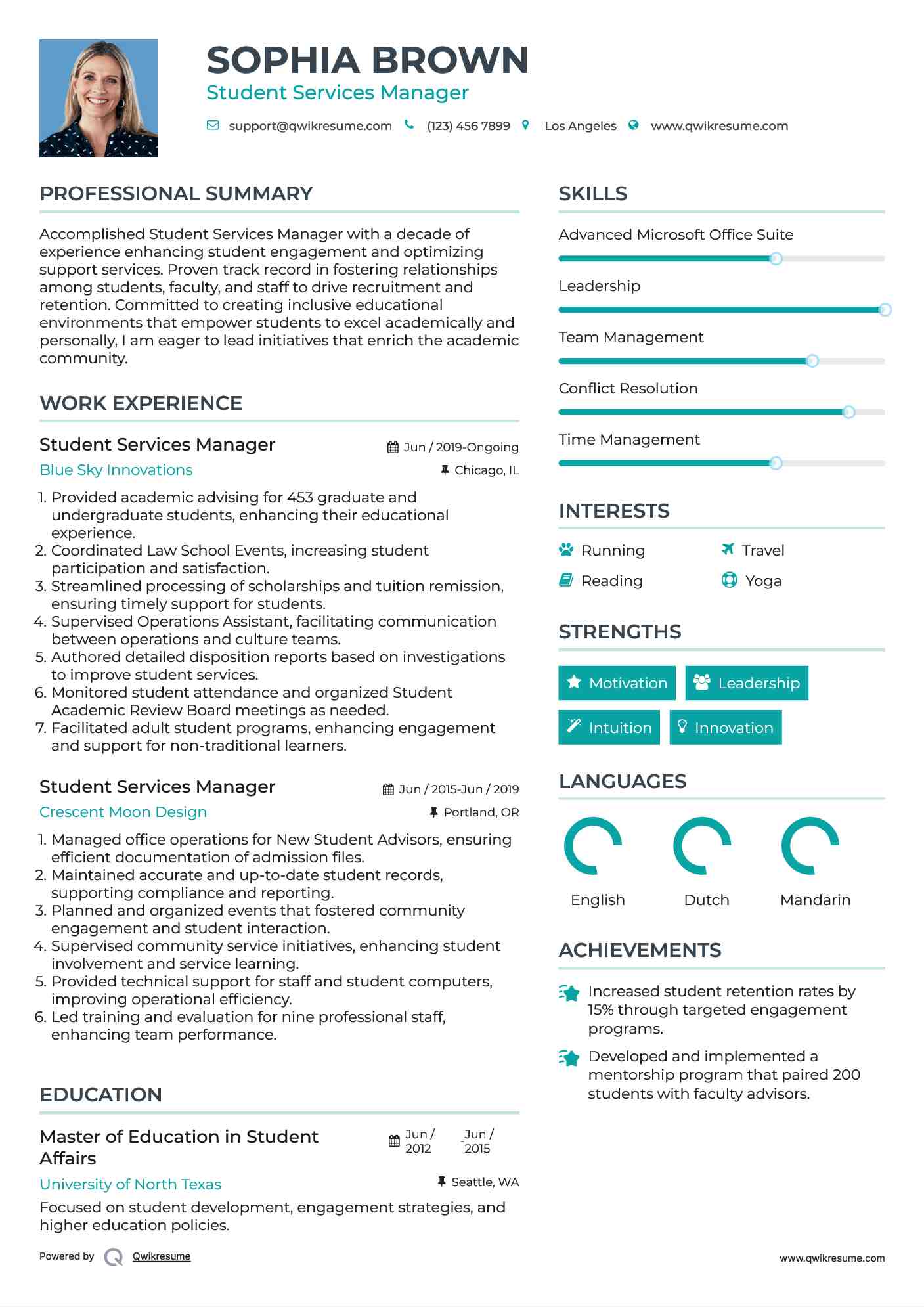 Student Services Manager Resume Sample