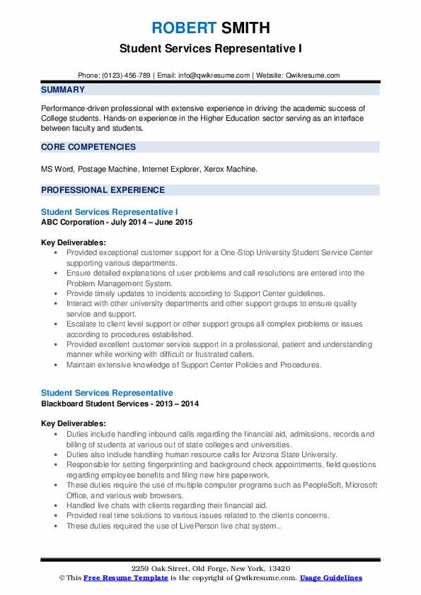 Student Services Representative Resume Samples | QwikResume