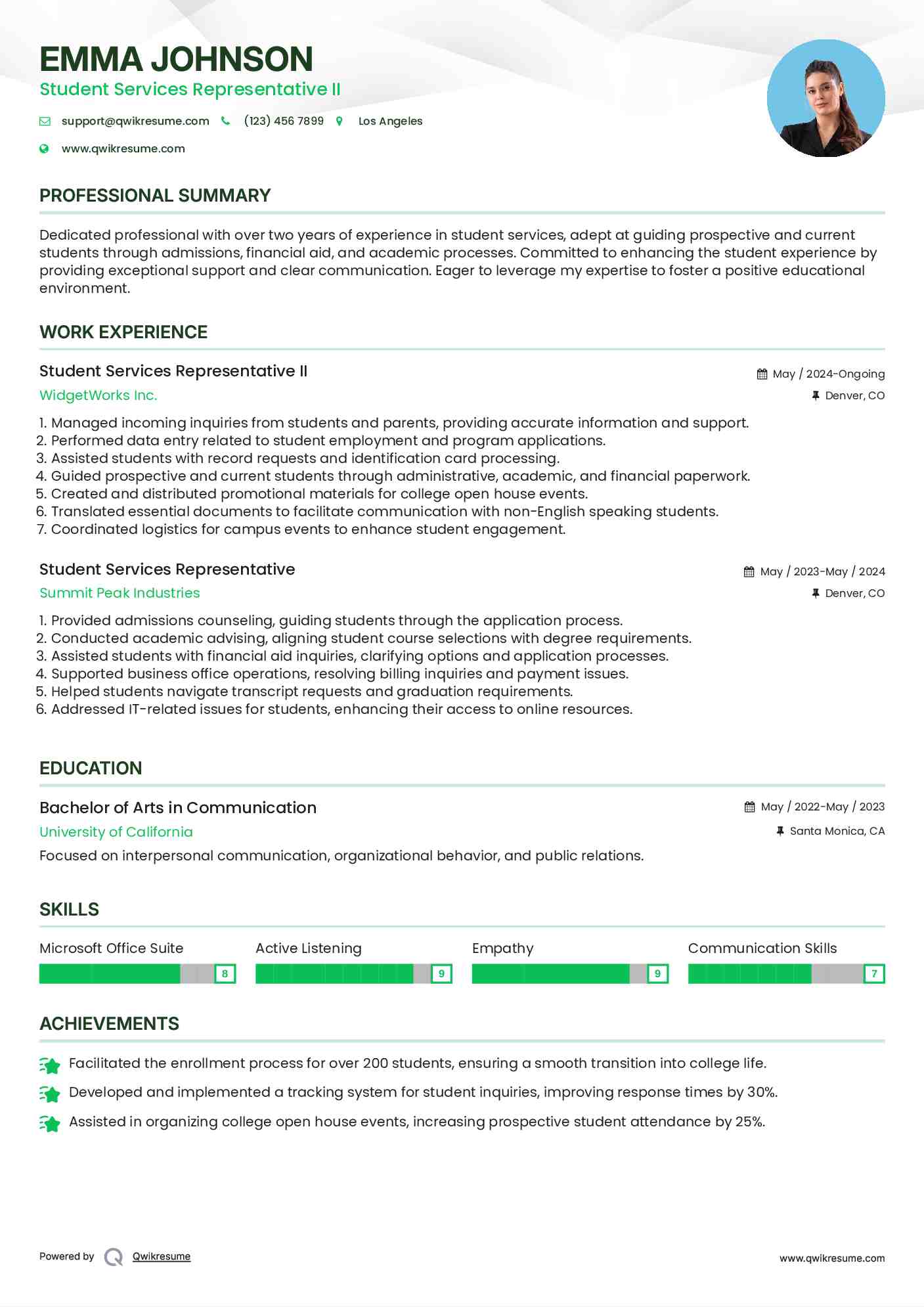 Student Services Representative II Resume Sample