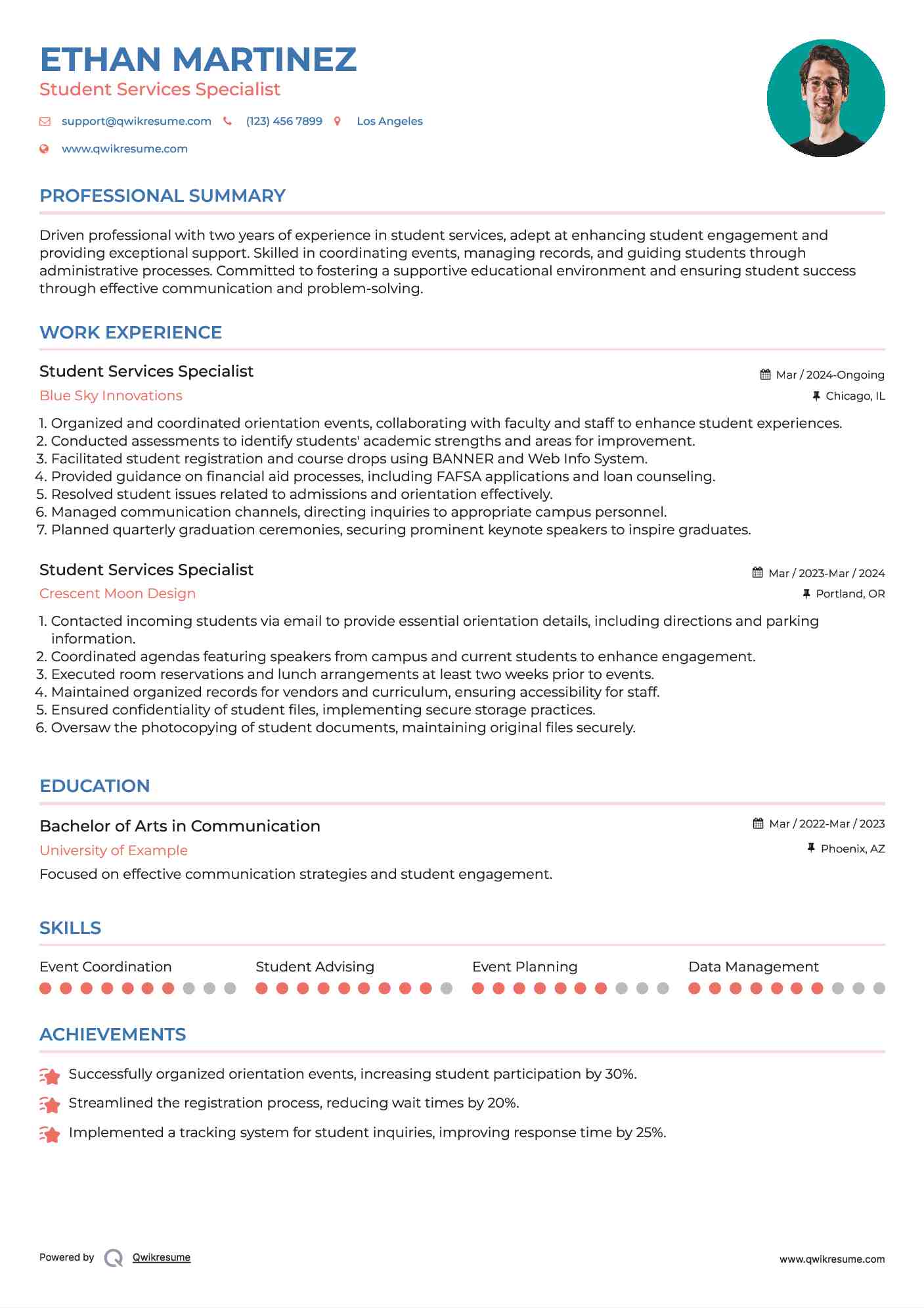 Student Services Specialist Resume Example