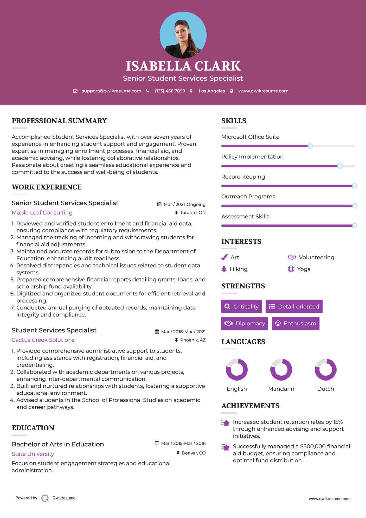 Senior Student Services Specialist Resume Sample
