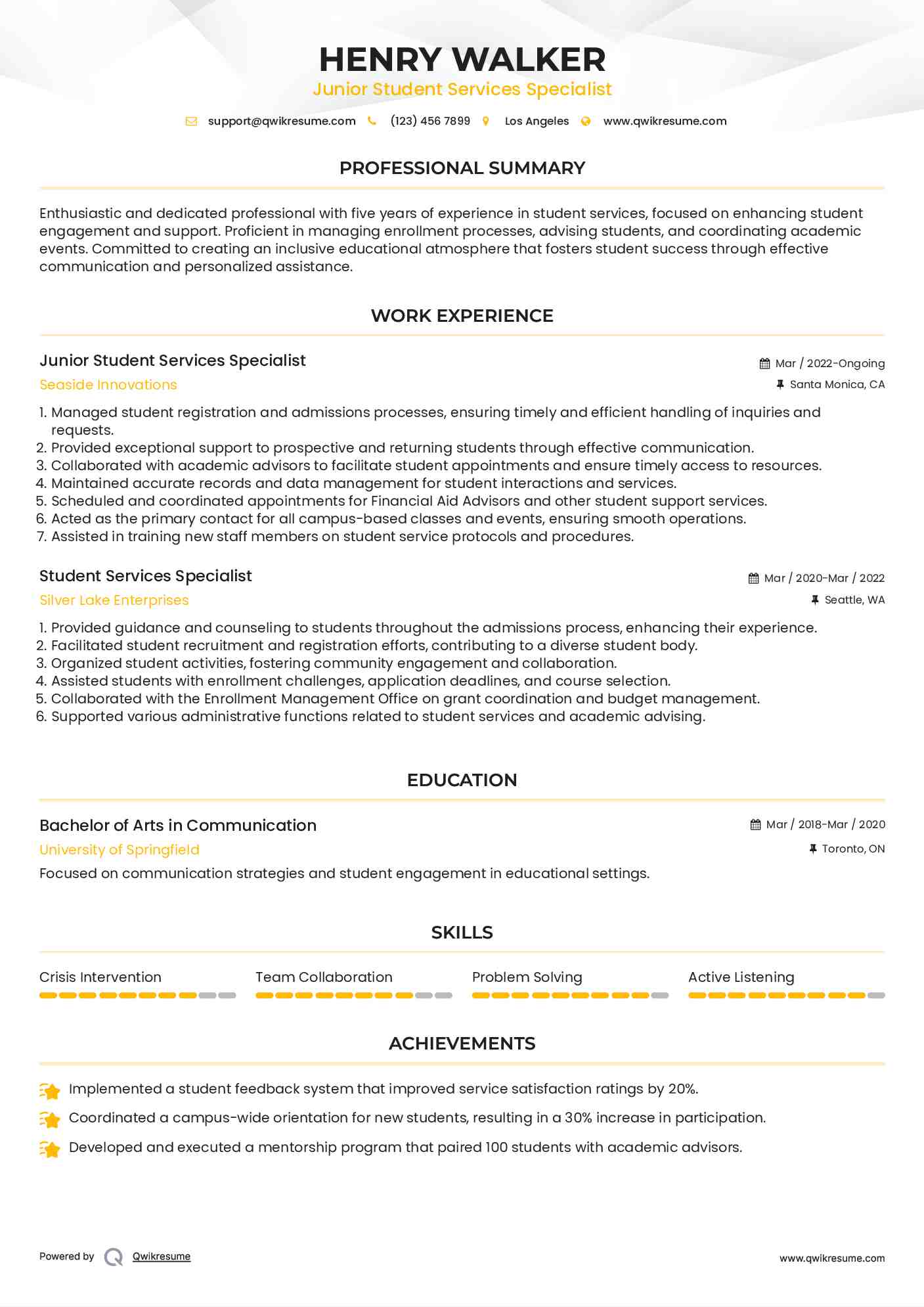 Junior Student Services Specialist  Resume Format