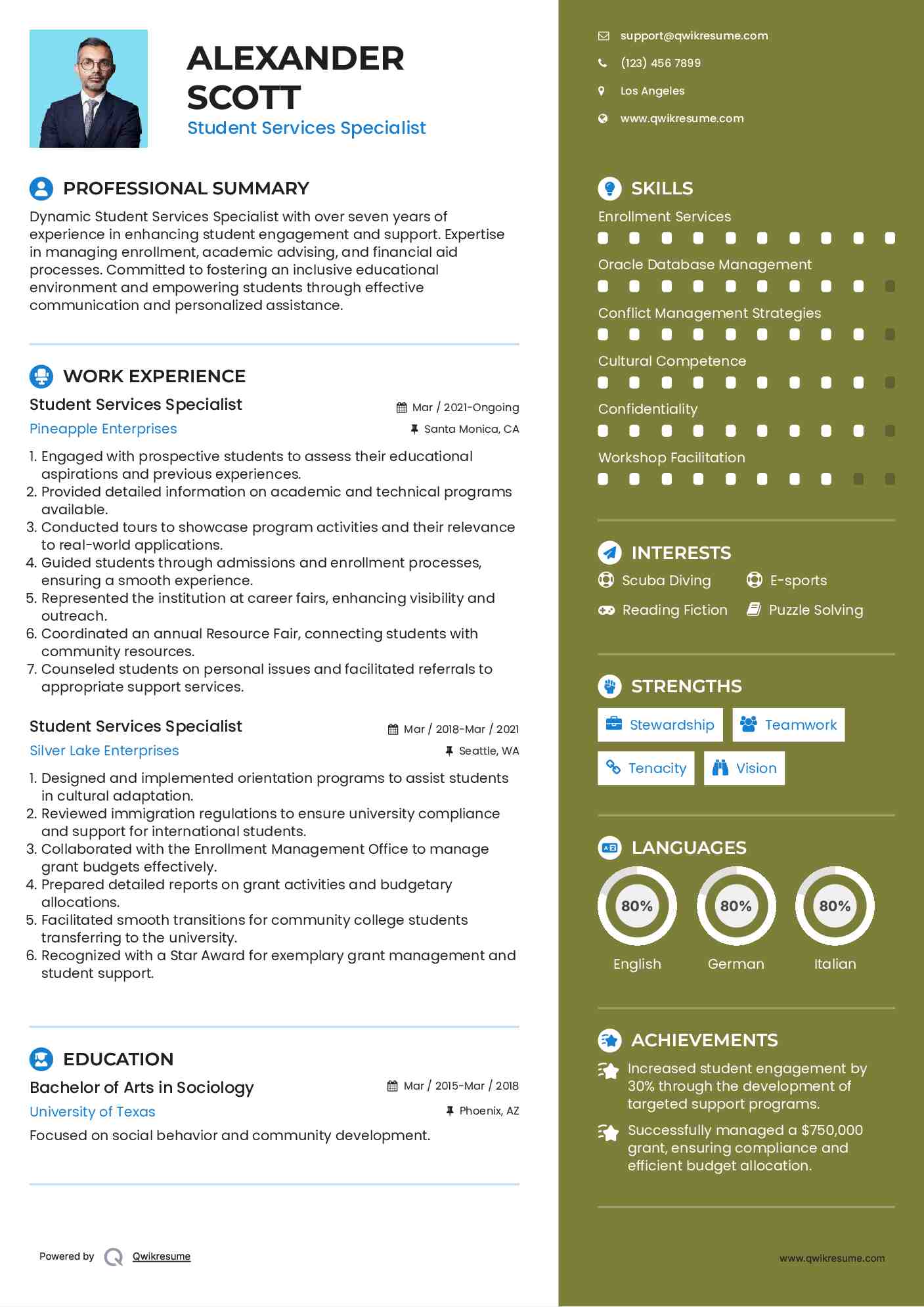 Student Services Specialist Resume Model