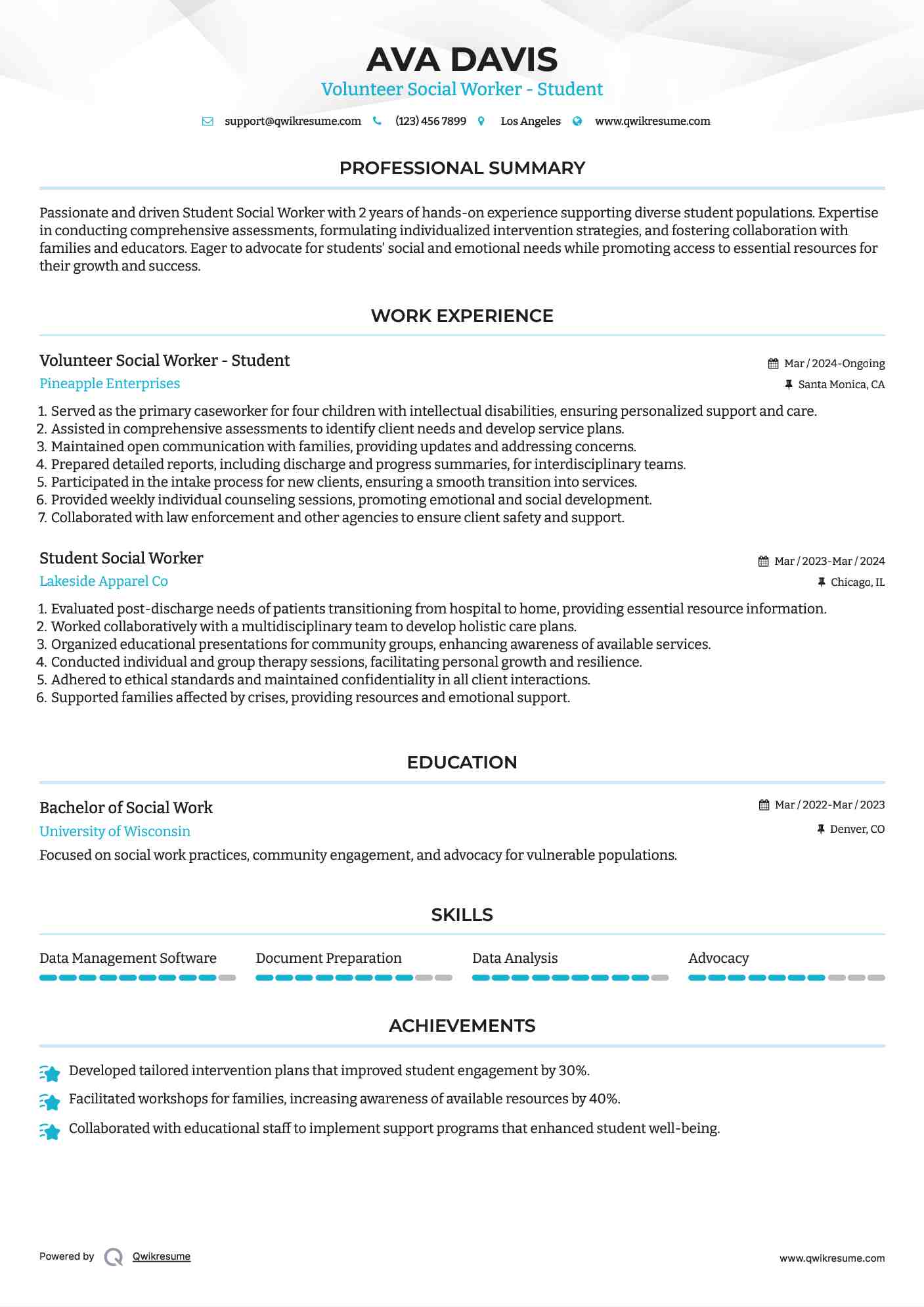 Volunteer Social Worker - Student Resume Example