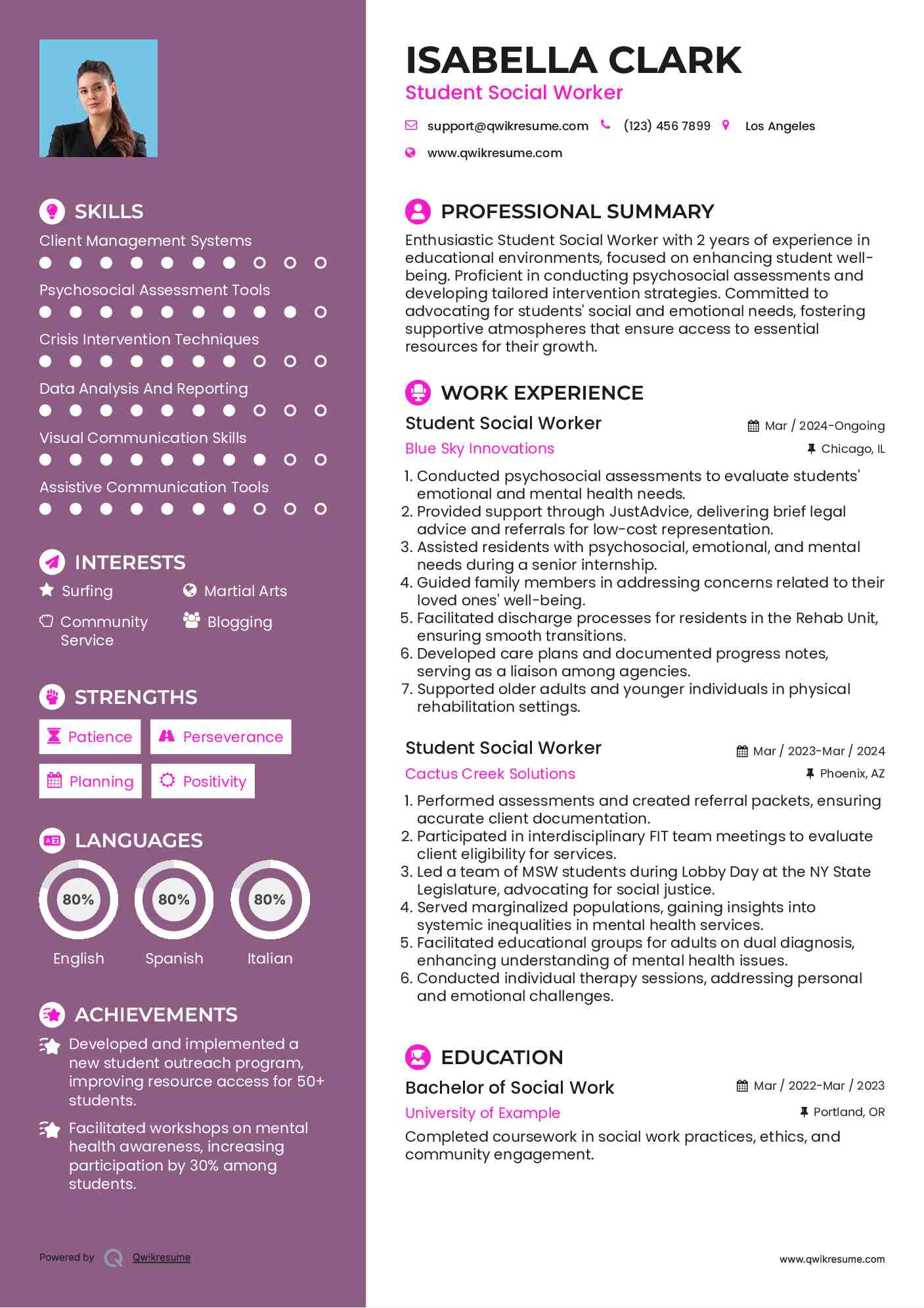 Student Social Worker Resume Sample