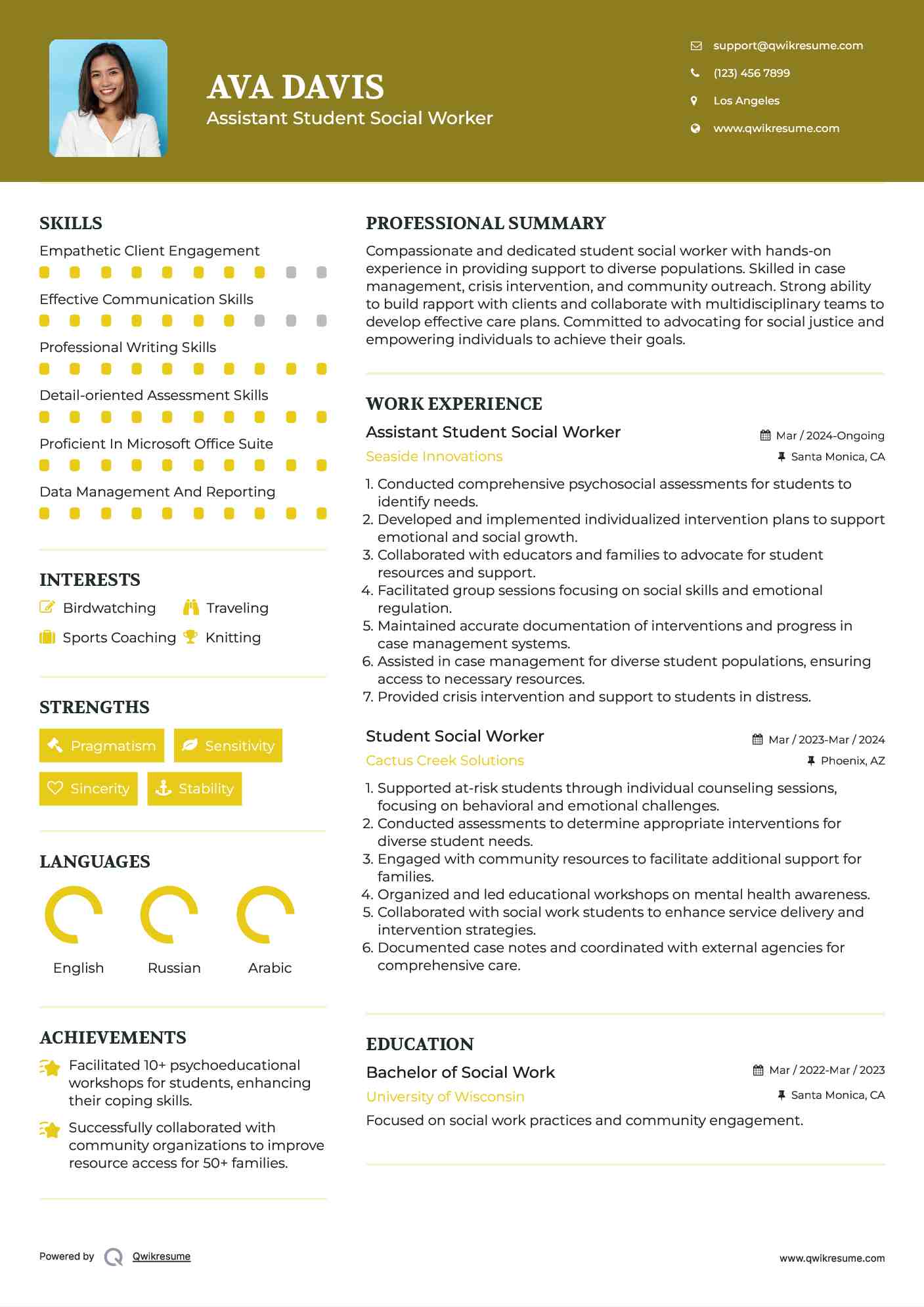 Assistant Student Social Worker Resume Model