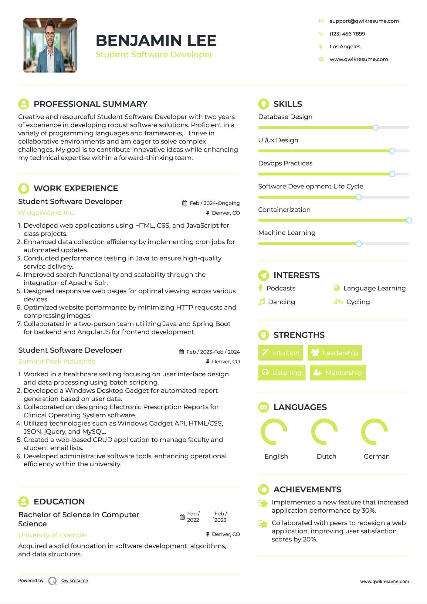 Student Software Developer Resume Example