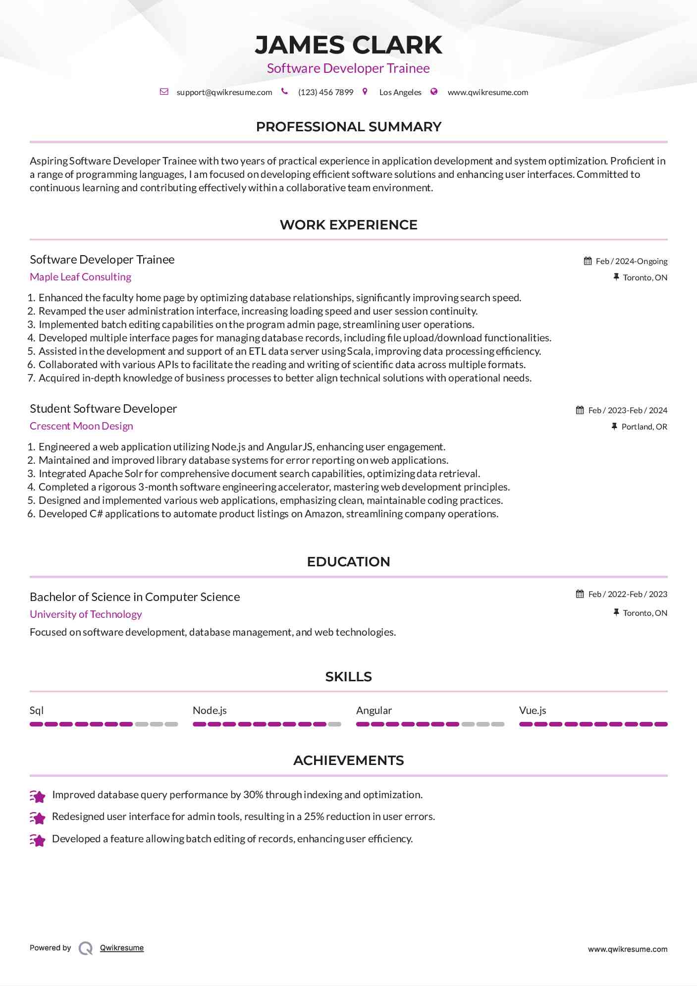 Software Developer Trainee Resume Sample