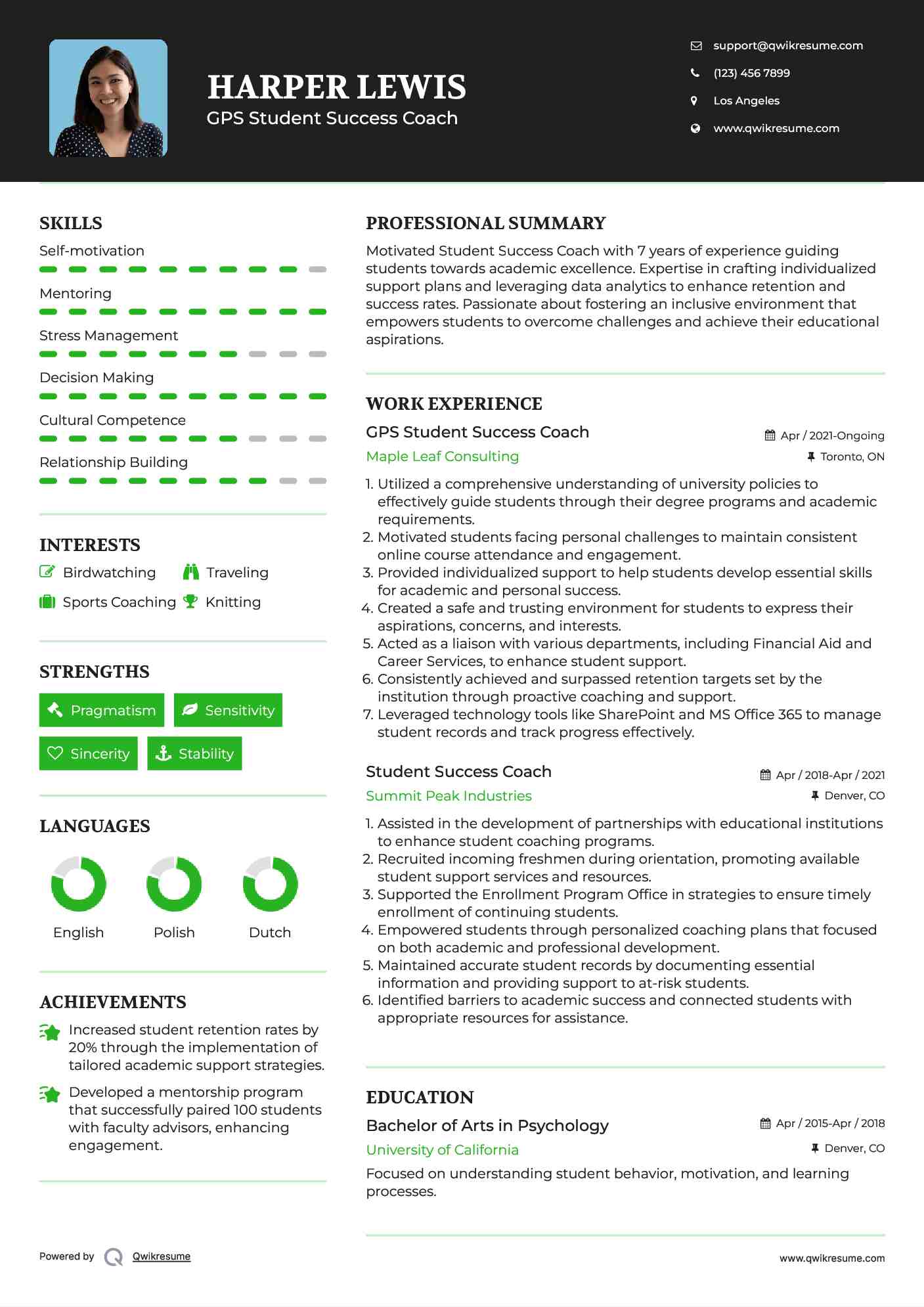 GPS Student Success Coach Resume Sample