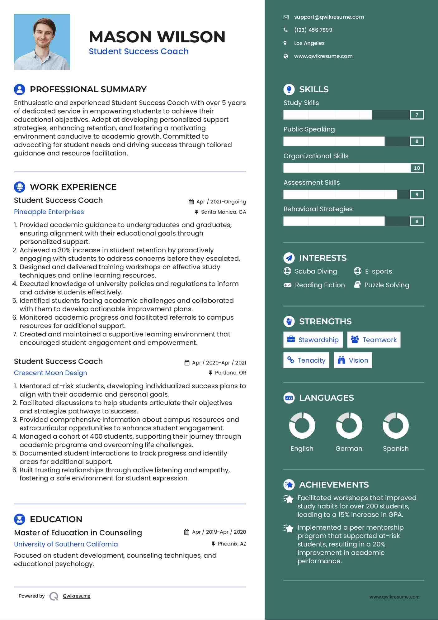 Student Success Coach Resume Example