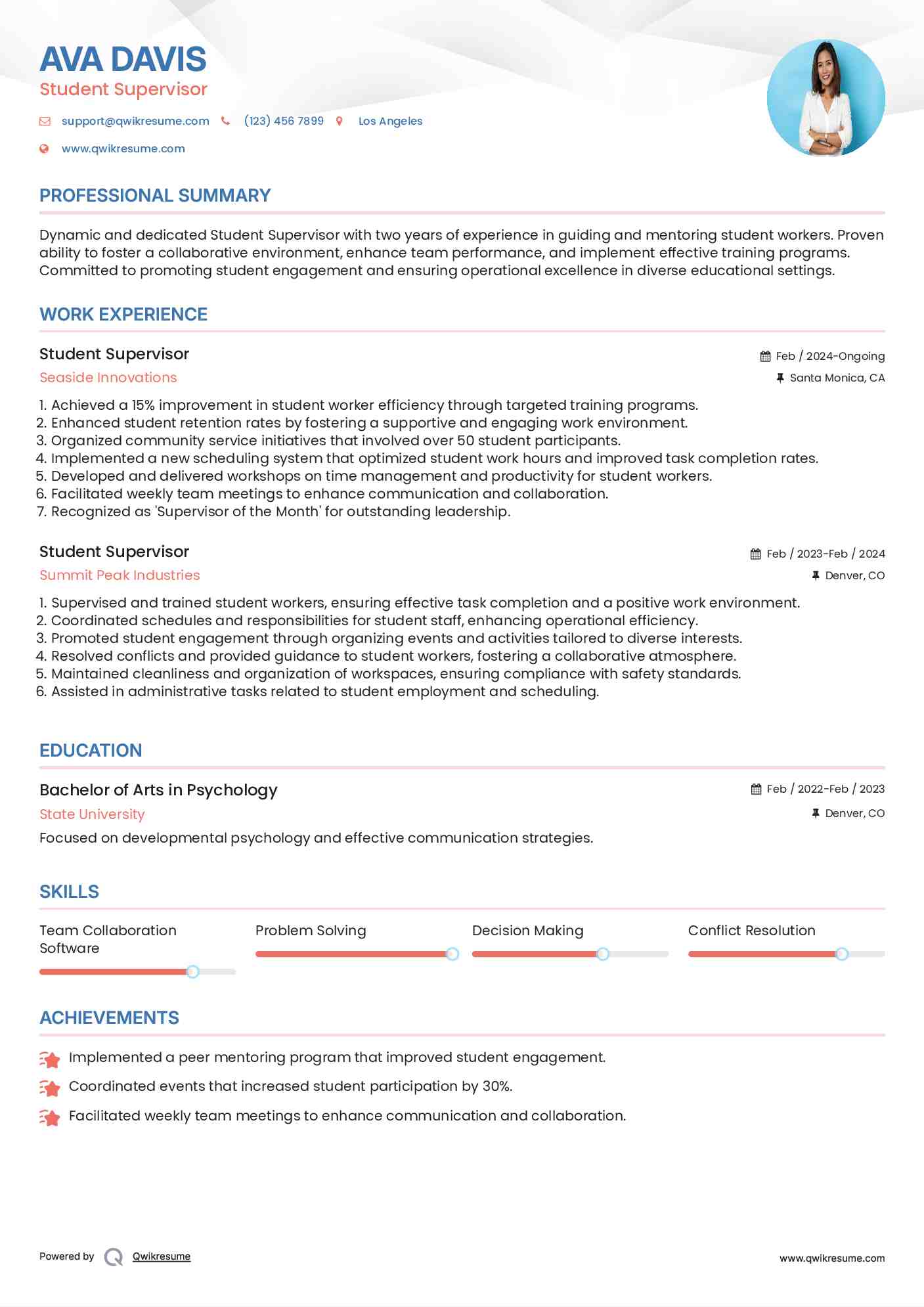 Student Supervisor Resume Template