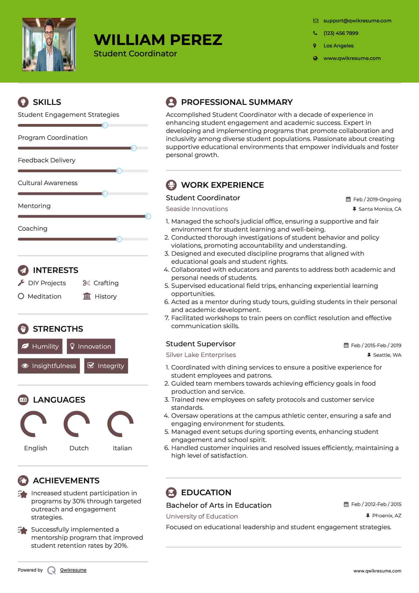 Student Coordinator Resume Format