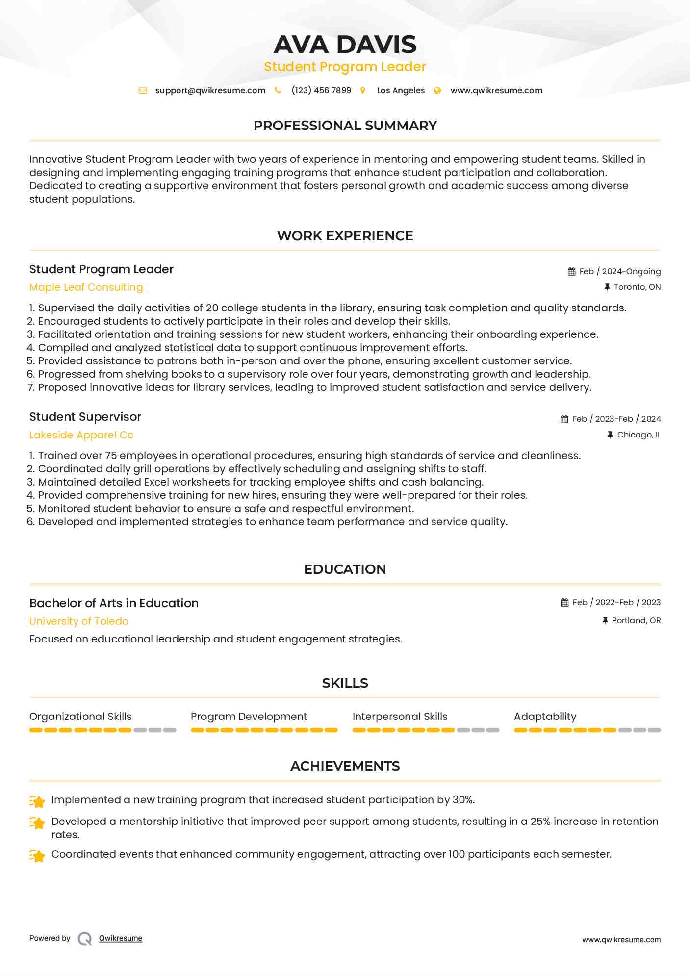 Student Program Leader Resume Model
