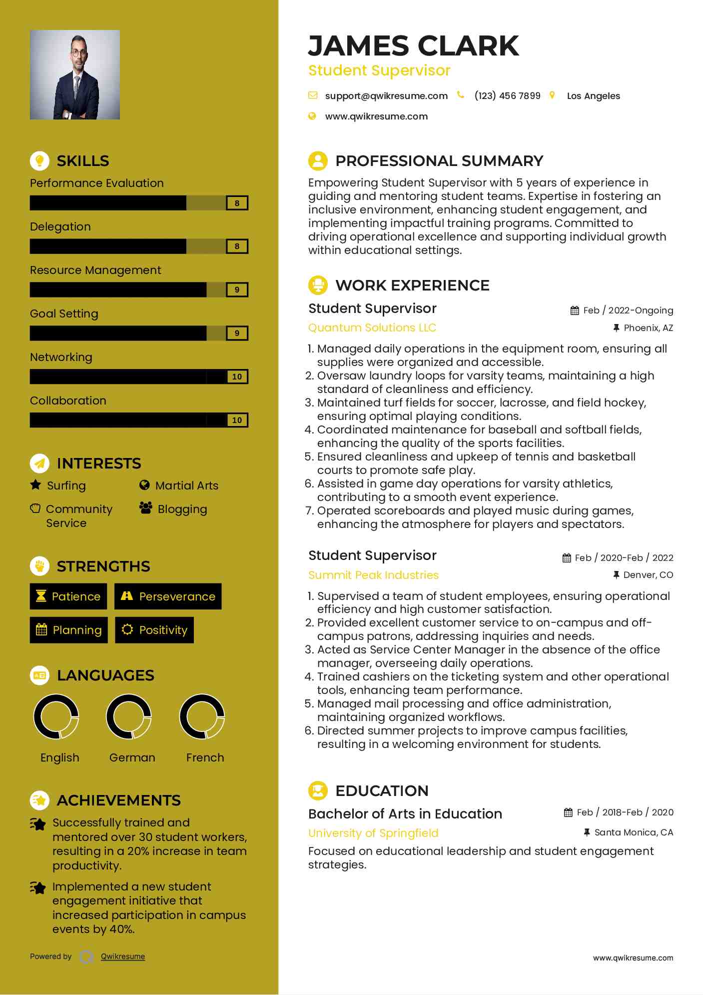 Student Supervisor Resume Format