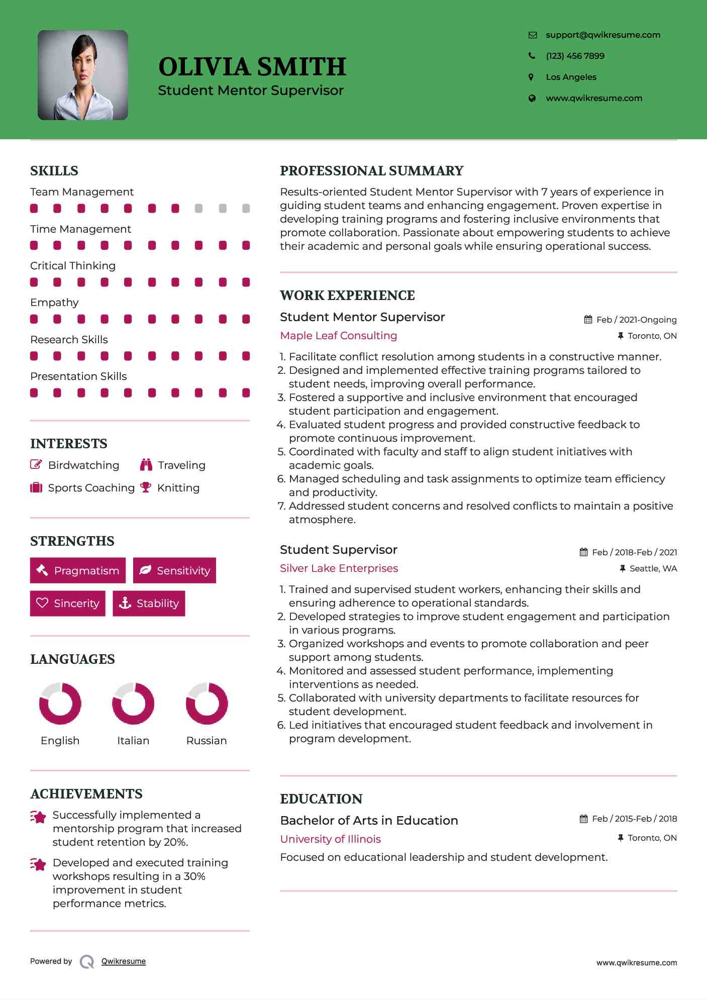 Student Mentor Supervisor Resume Template