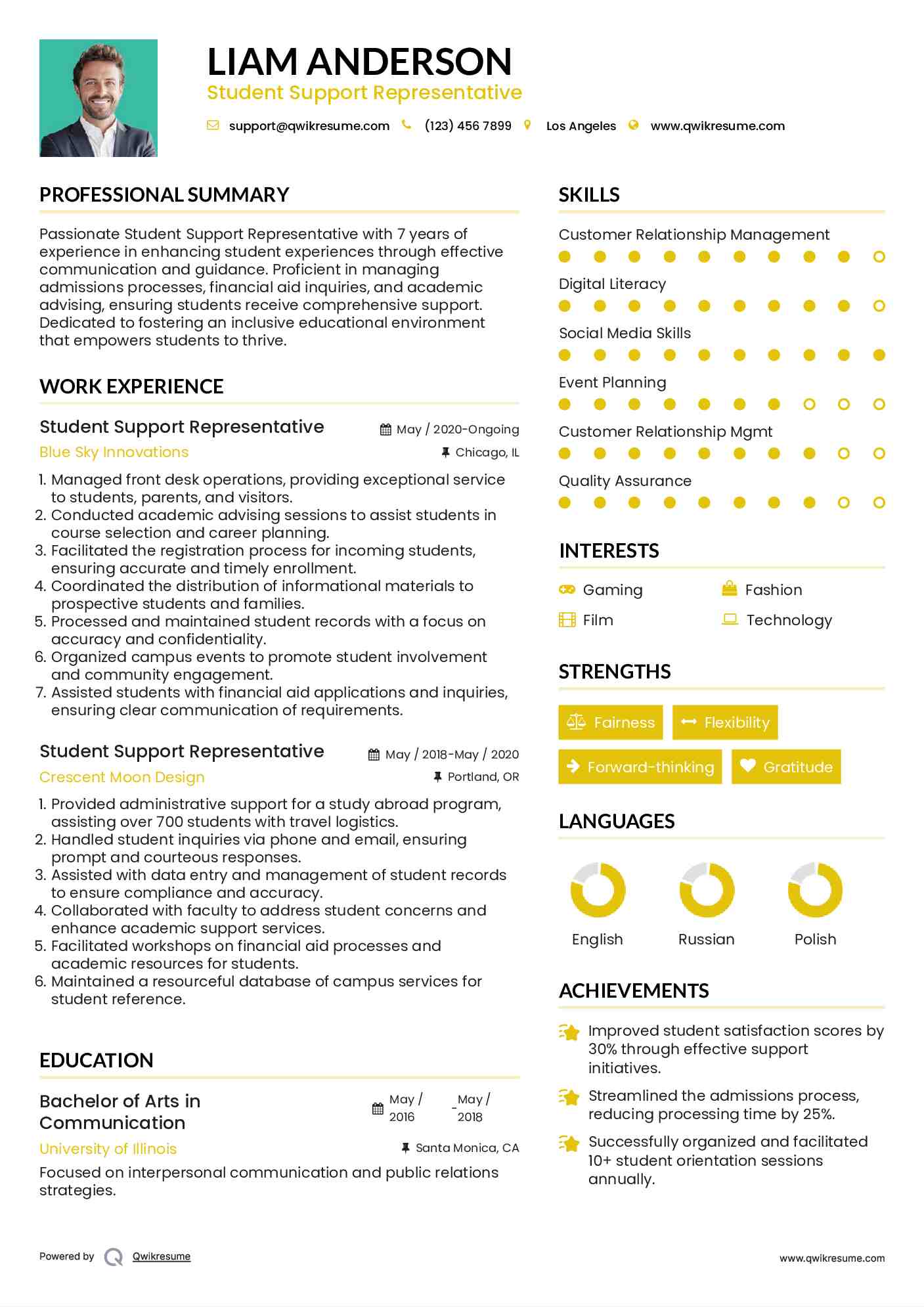 Student Support Representative Resume Template