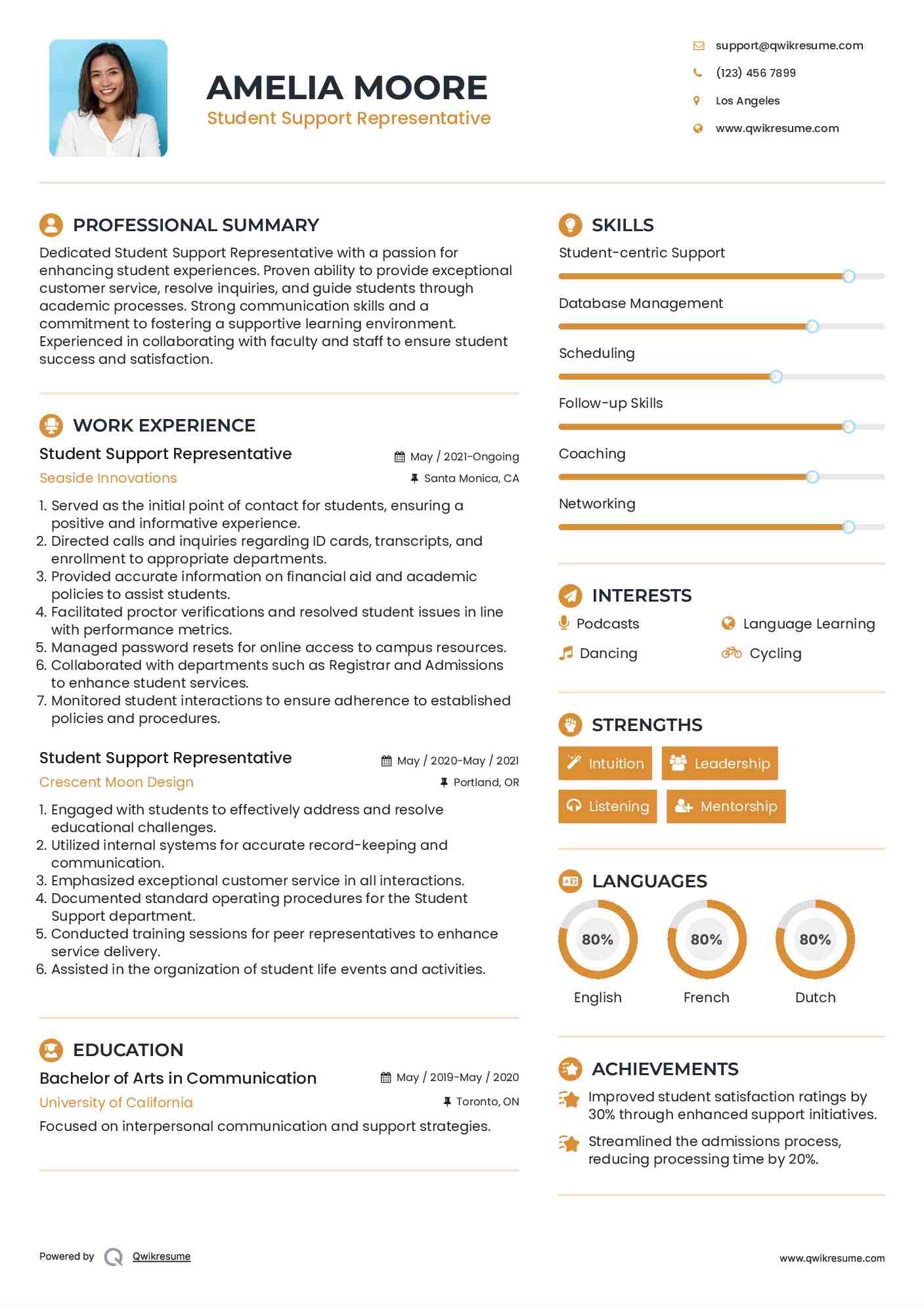 Student Support Representative Resume Model
