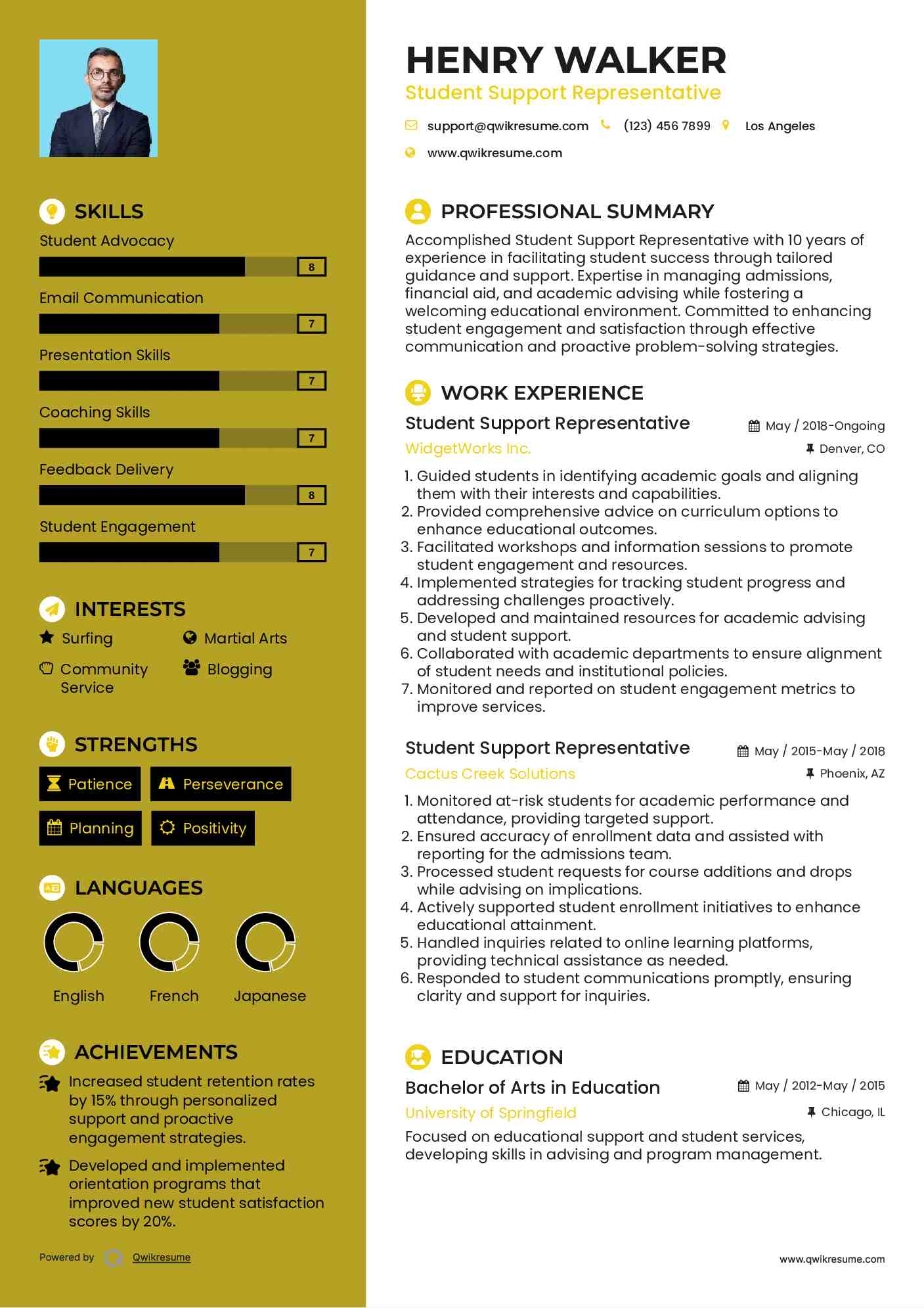 Student Support Representative Resume Sample