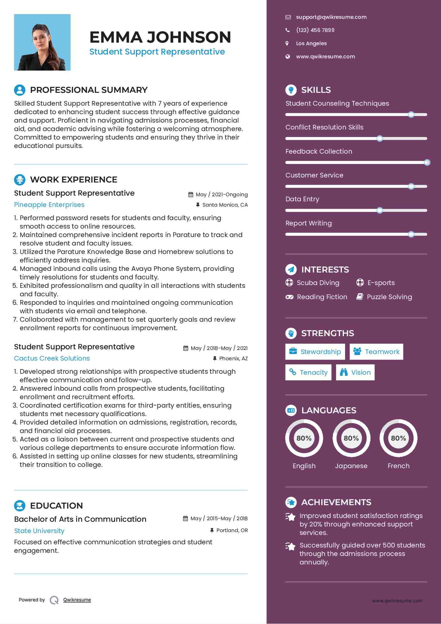 Student Support Representative Resume Example