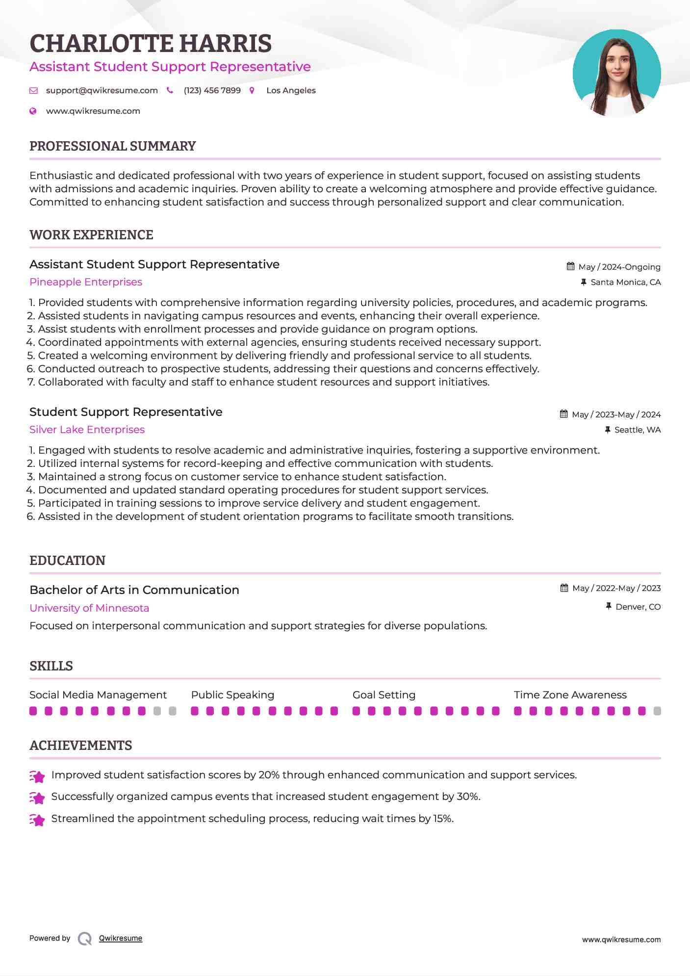 Assistant Student Support Representative  Resume Sample