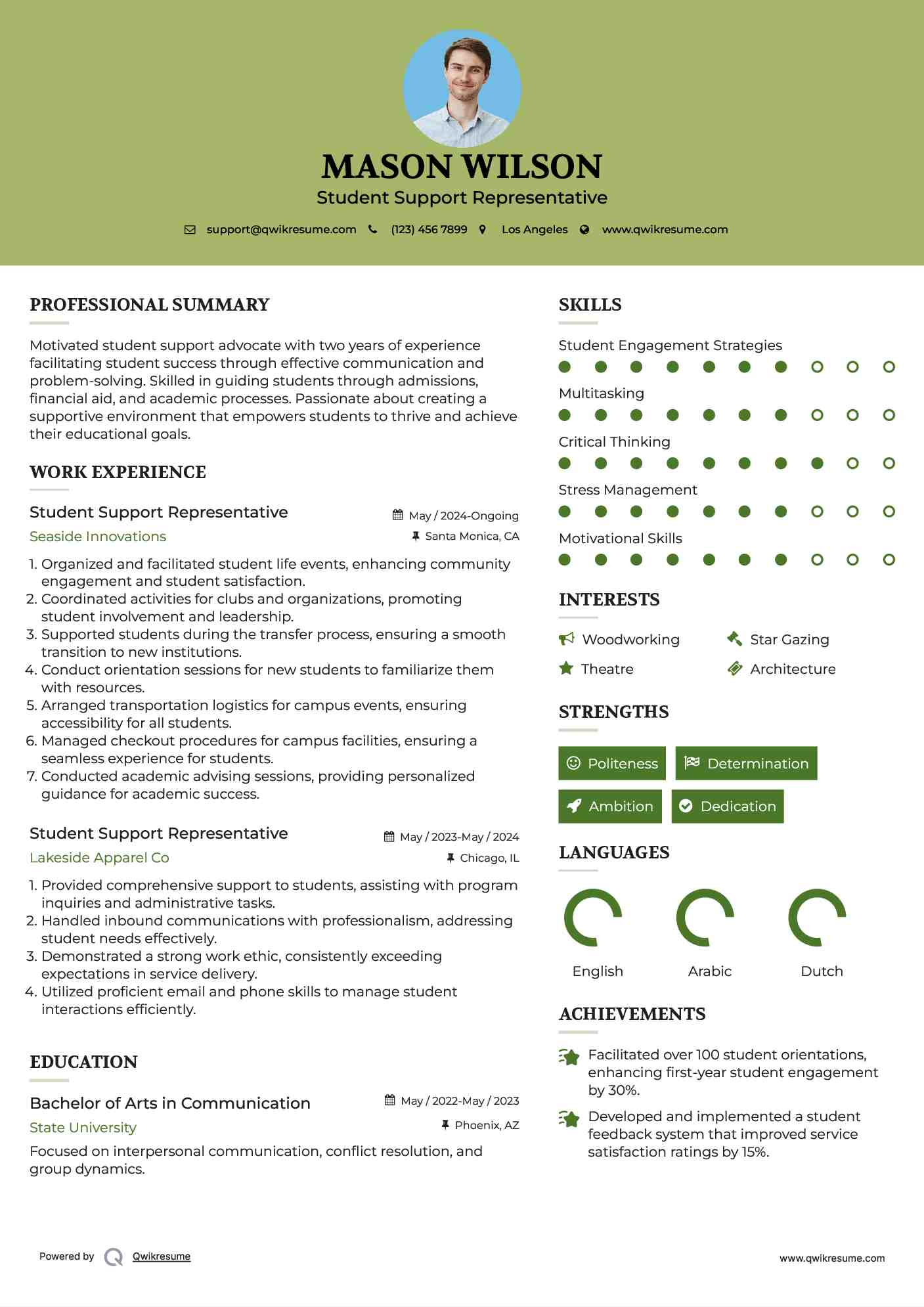 Student Support Representative Resume Model