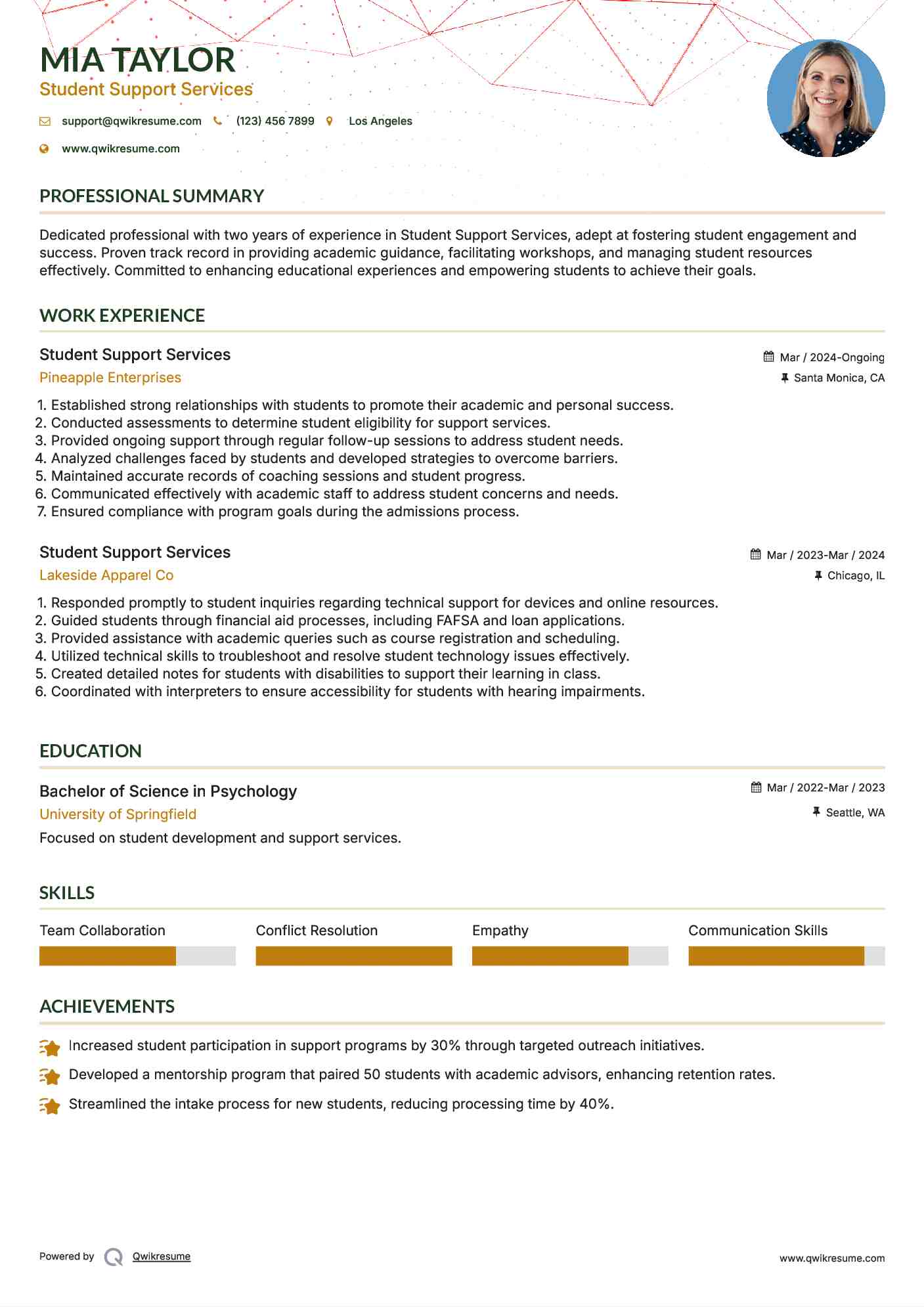 Student Support Services Resume Template