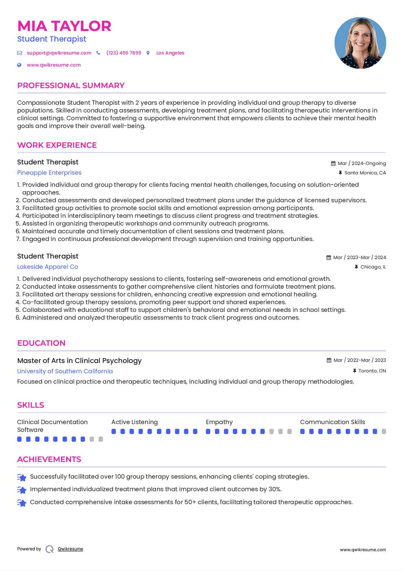 Student Therapist Resume Example