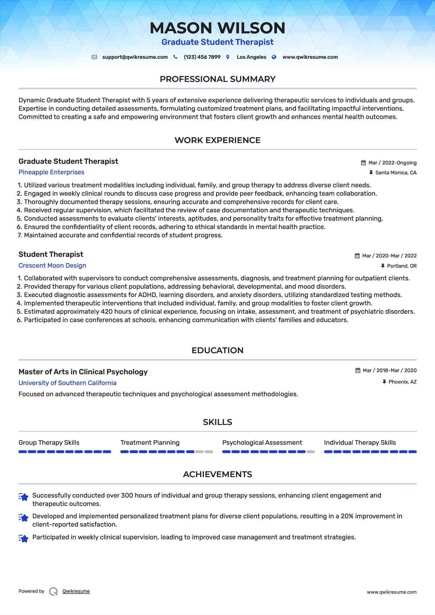 Graduate Student Therapist Resume Example