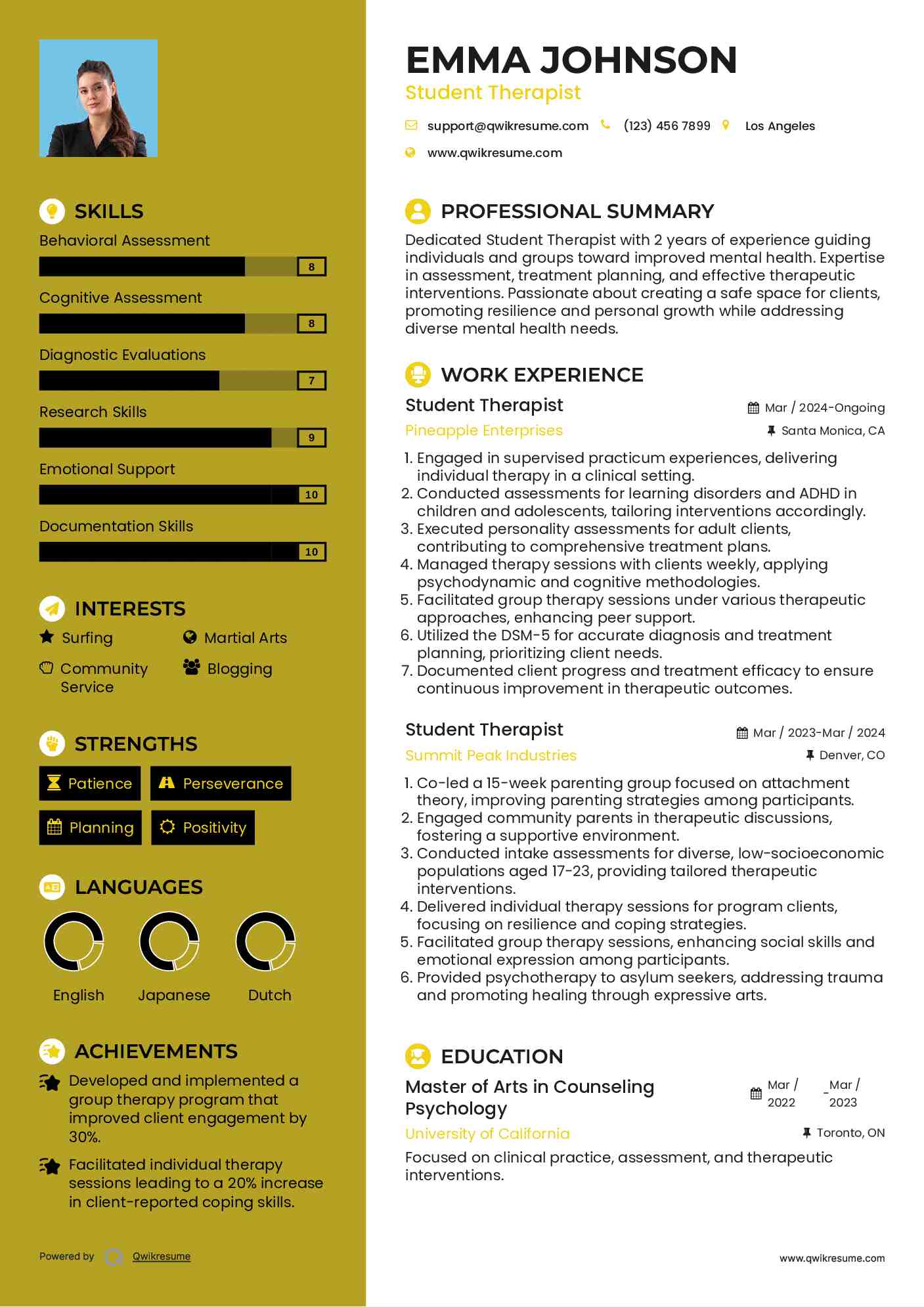 Student Therapist Resume Sample